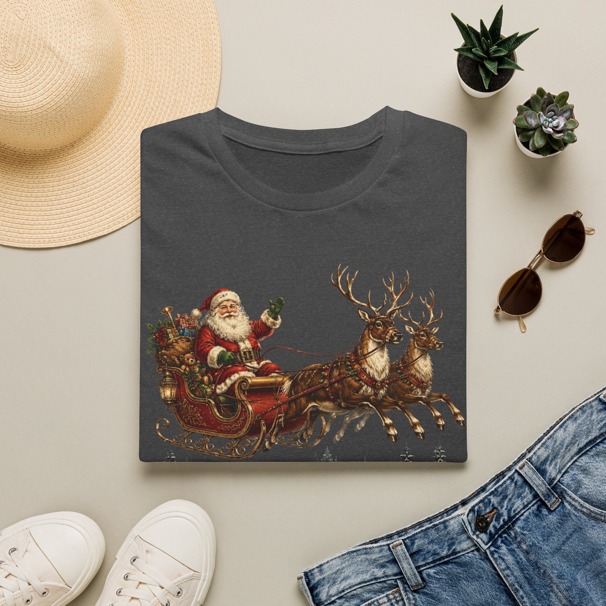 Santa Sleigh T-Shirt — Vintage Christmas Reindeer Holiday Tee