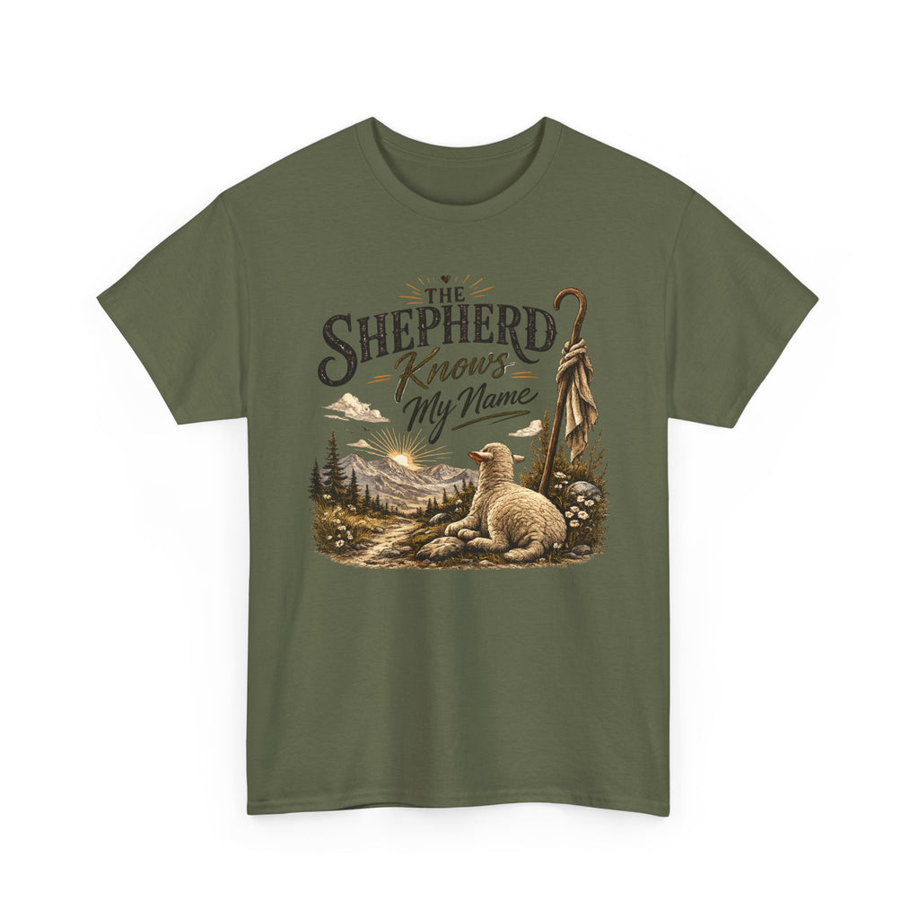 The Shepherd Knows My Name T‑Shirt — Christian Faith Tee with Shepherd & Sheep Design