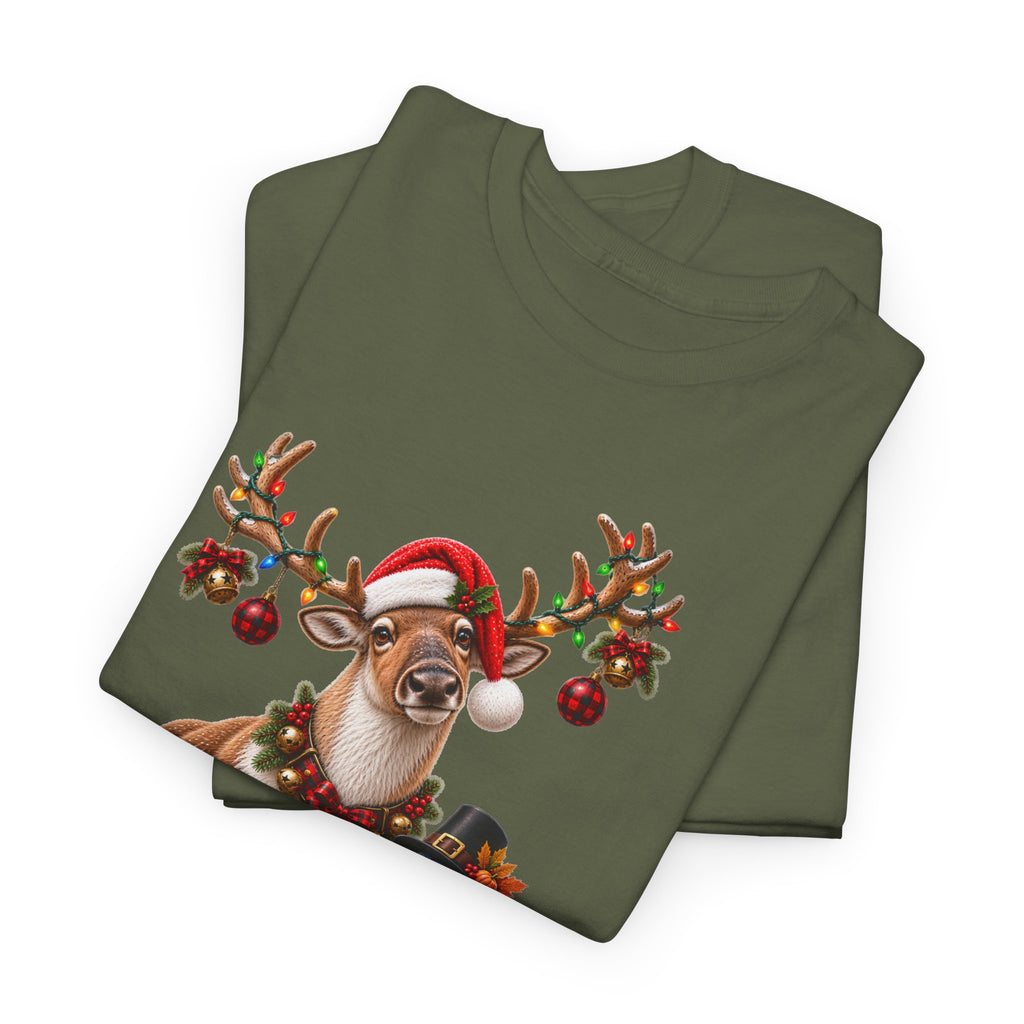 Holiday Mashup Tee — Reindeer with Turkey, Santa Hat & Jack-O’-Lantern