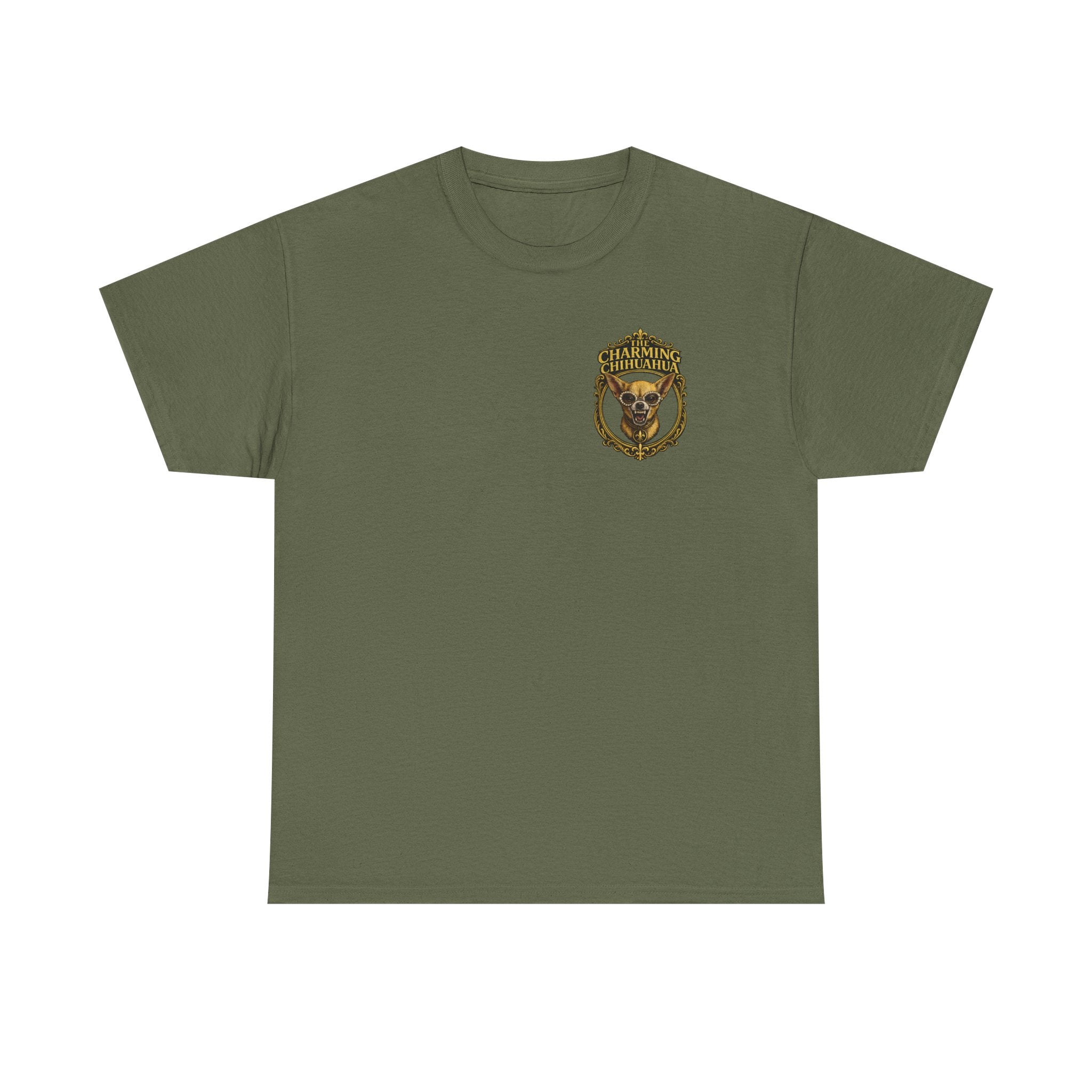 Chihuahua Crest Tee with back print — Vintage Chihuahua "THE CHARMNG CHIHUAHUA"
