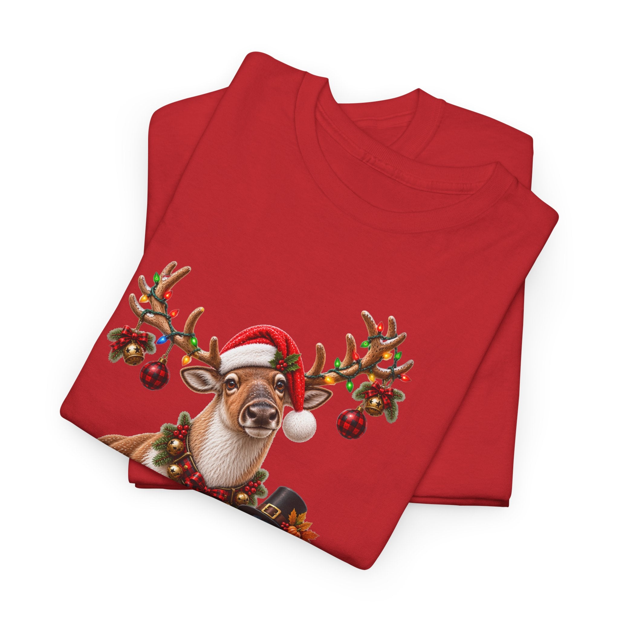 Holiday Mashup Tee — Reindeer with Turkey, Santa Hat & Jack-O’-Lantern