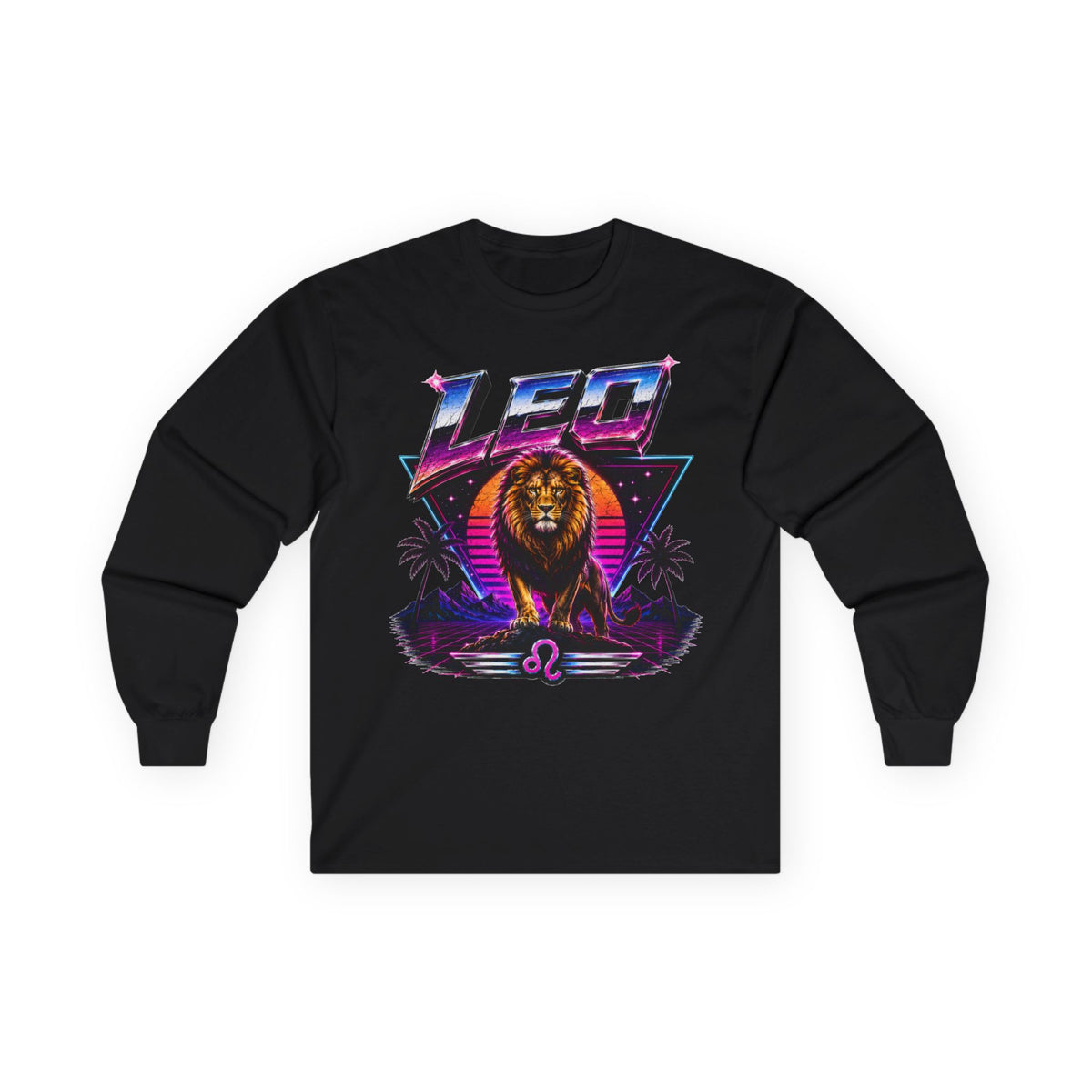 Leo Zodiac Lion Long Sleeve Tee — Retro Sunset Astrology Shirt