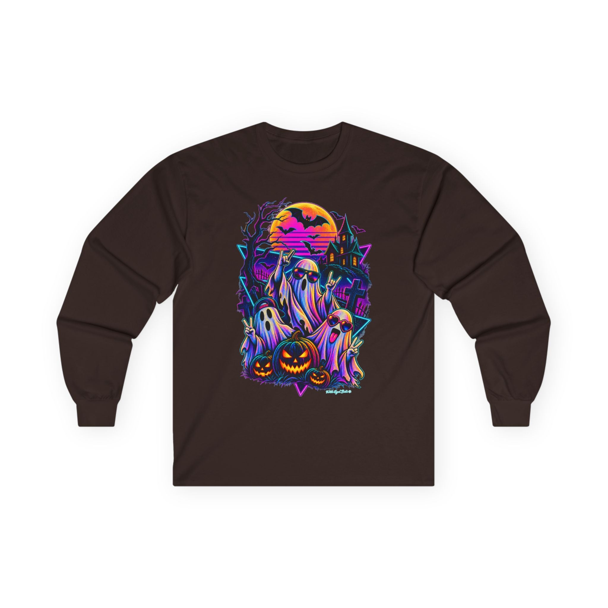 Halloween Ghosts Long Sleeve Tee – Neon Spooky Pumpkin Graveyard Shirt