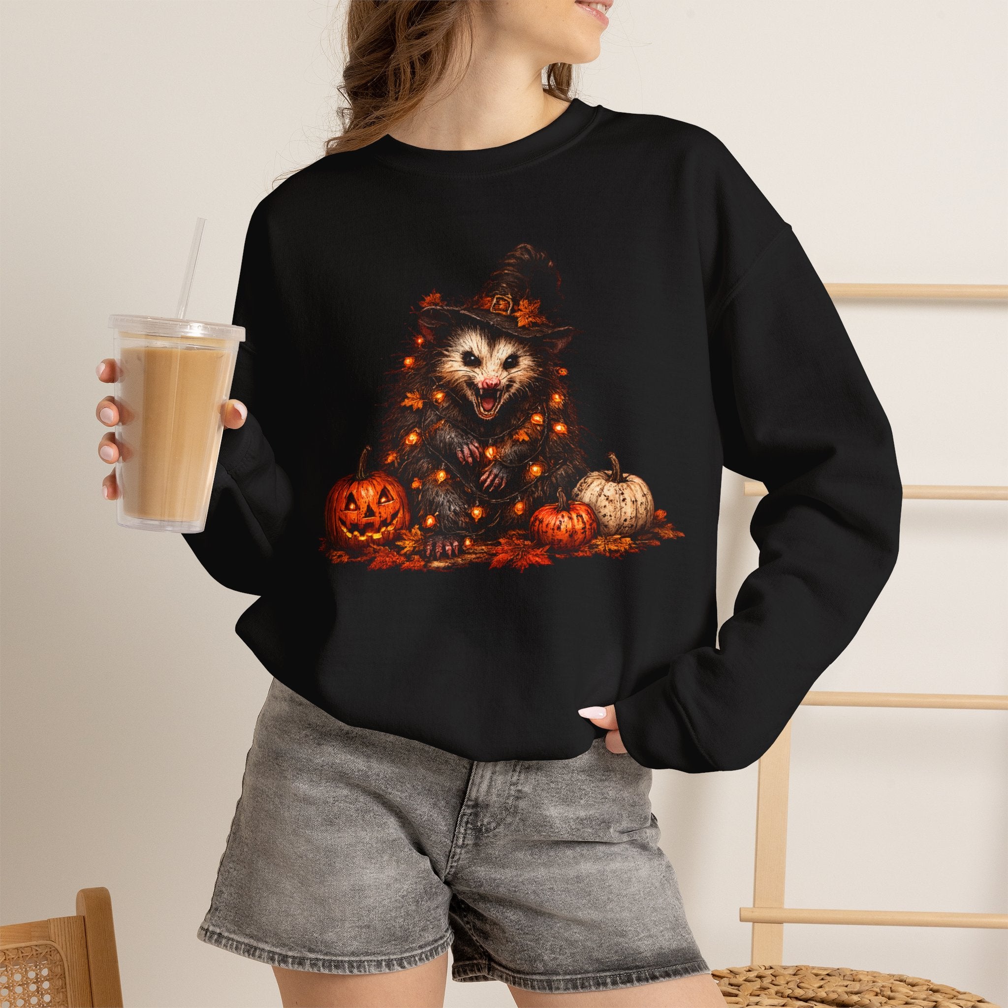 Halloween Possum Witch Sweatshirt — Pumpkin & Spooky Night Crewneck
