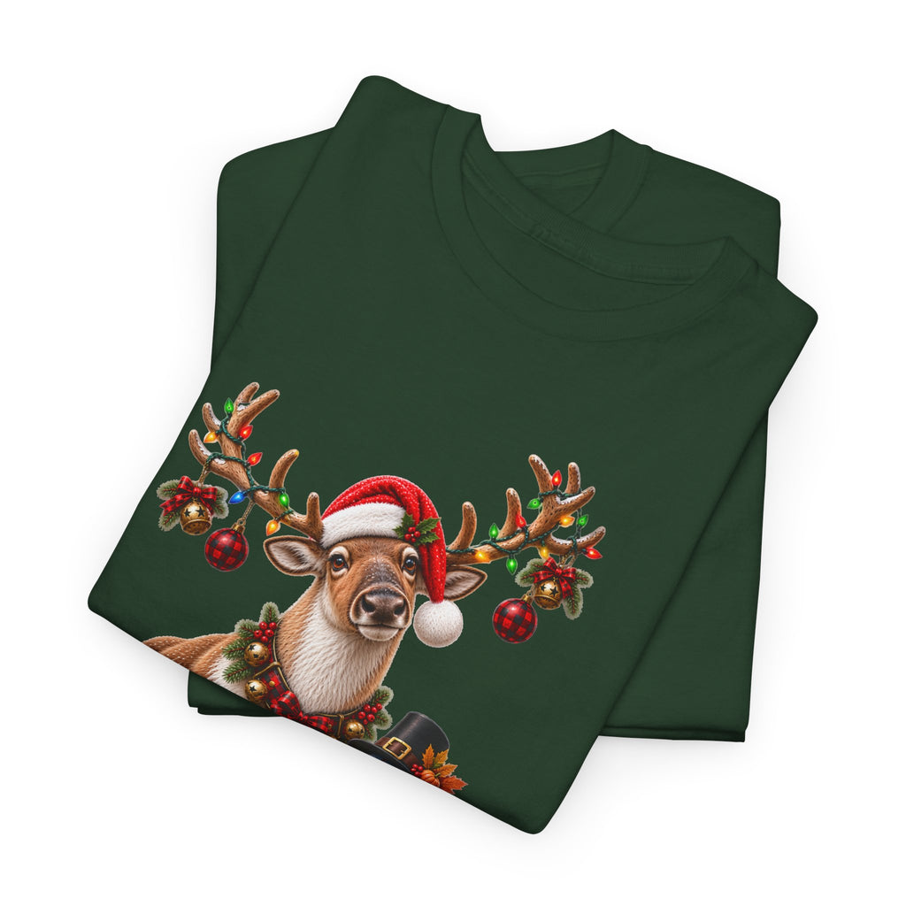 Holiday Mashup Tee — Reindeer with Turkey, Santa Hat & Jack-O’-Lantern