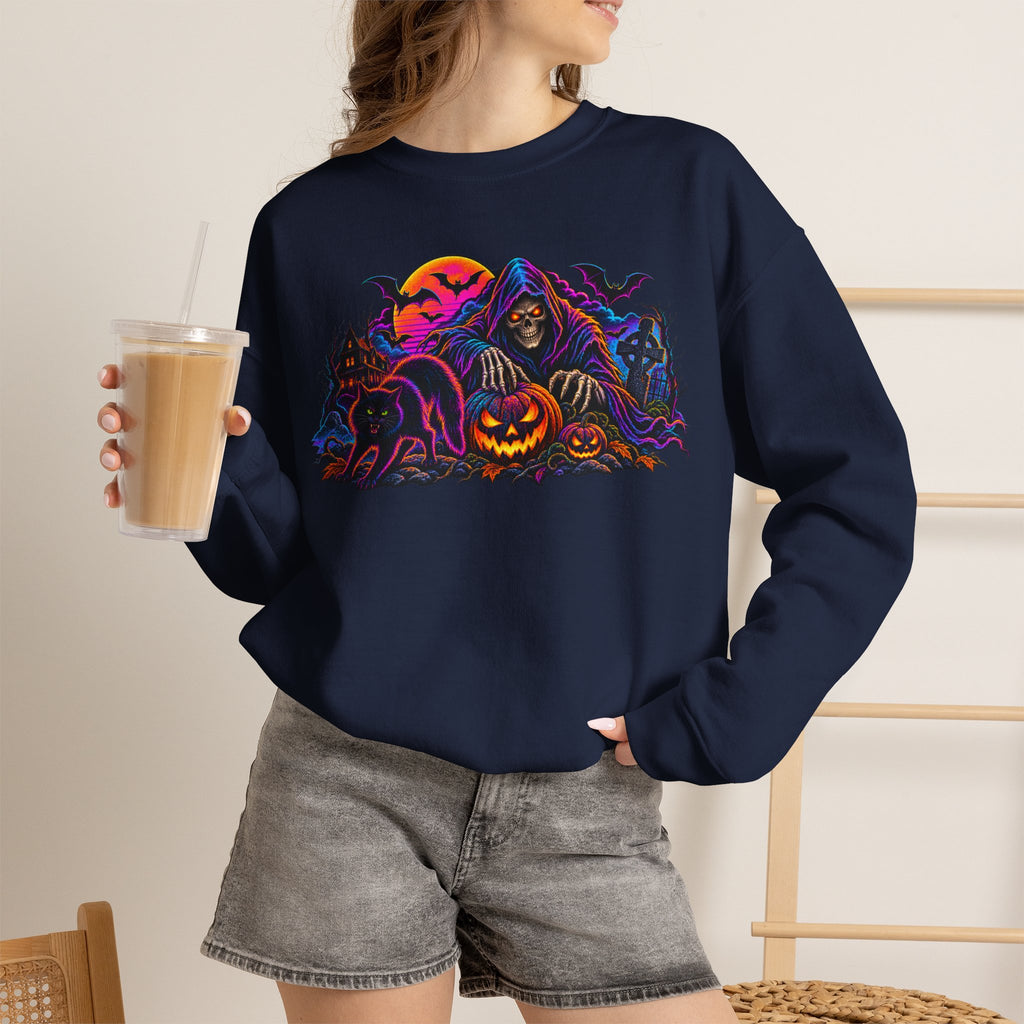 Halloween Crewneck Sweatshirt — Neon Haunted Pumpkin & Grim Reaper Design