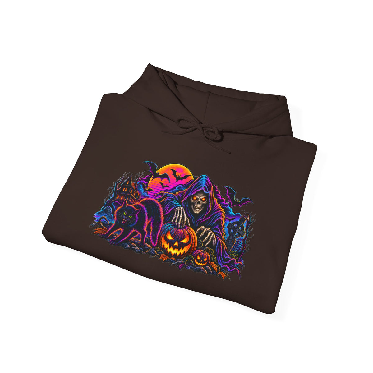 Halloween Horror Hoodie - Neon Jack-O'-Lantern & Ghosts Graphic Sweatshirt