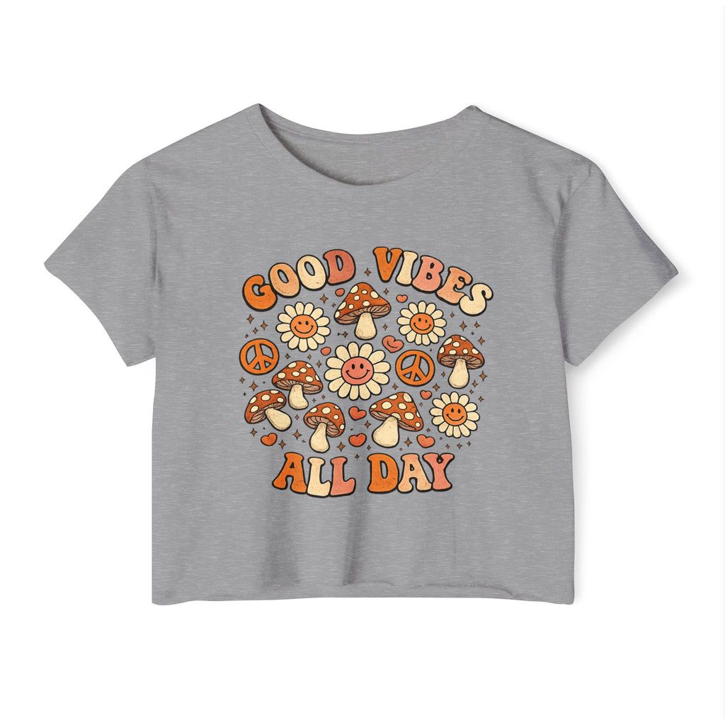 Good Vibes All Day Crop Top — Retro Mushroom & Sun Festival Tee