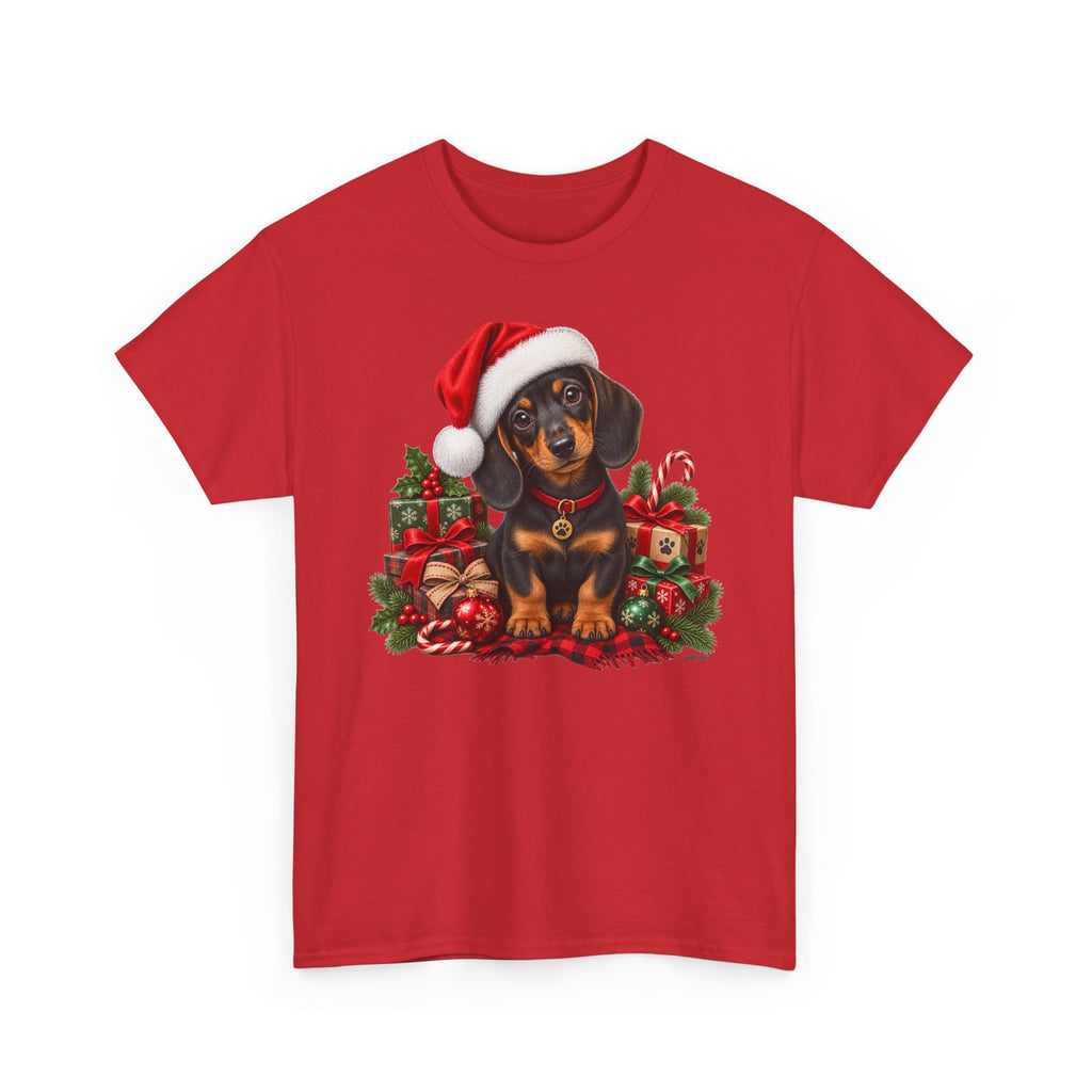 Christmas Dachshund T-Shirt – Cute Puppy in Santa Hat Holiday Tee