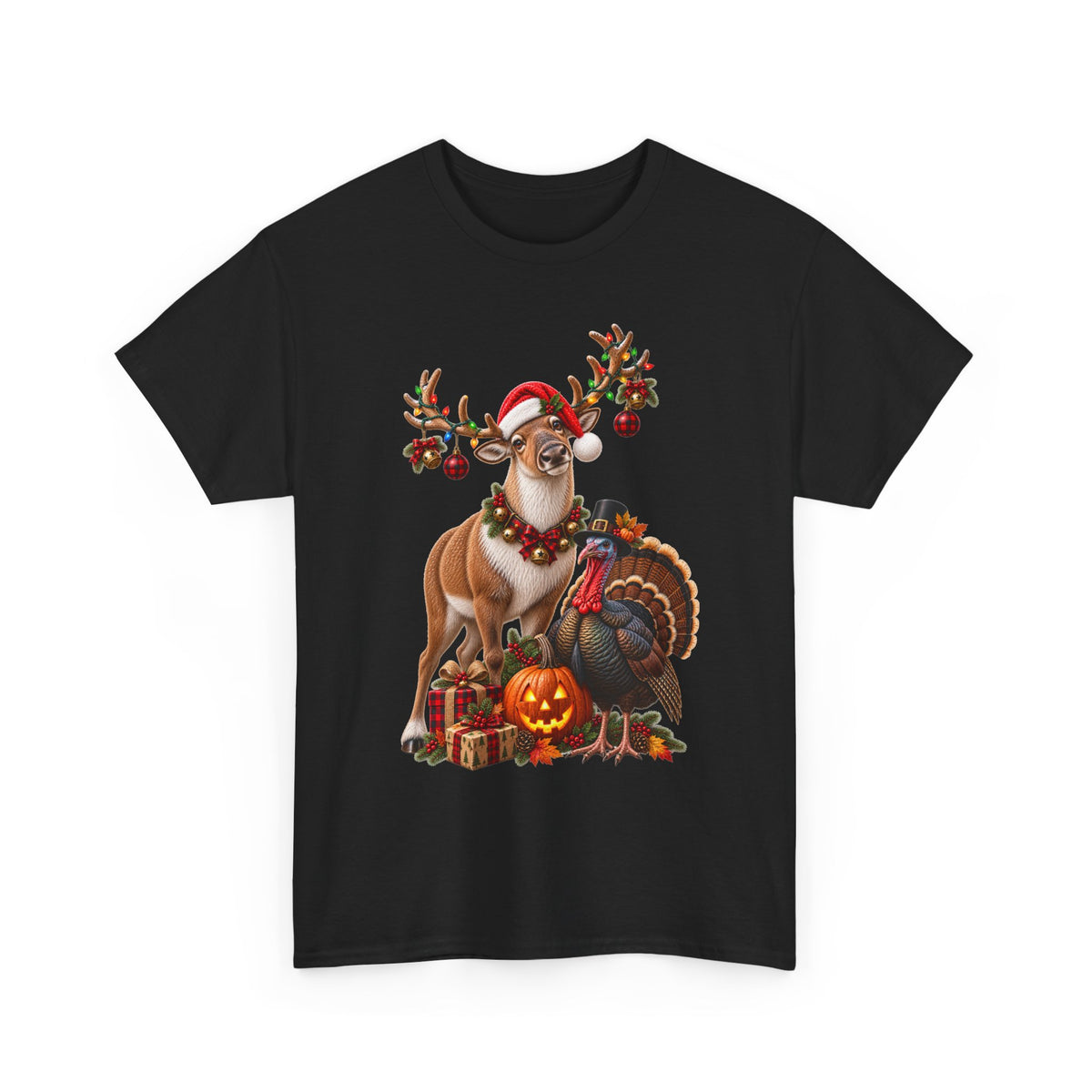 Holiday Mashup Tee — Reindeer with Turkey, Santa Hat & Jack-O’-Lantern