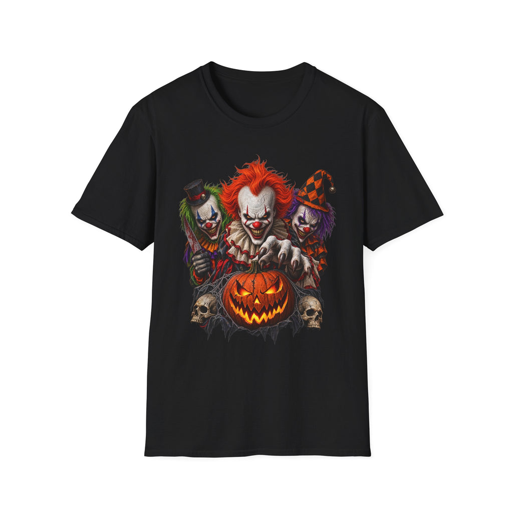 Creepy Clown Trio Halloween T-Shirt — Scary Clown Pumpkin Design