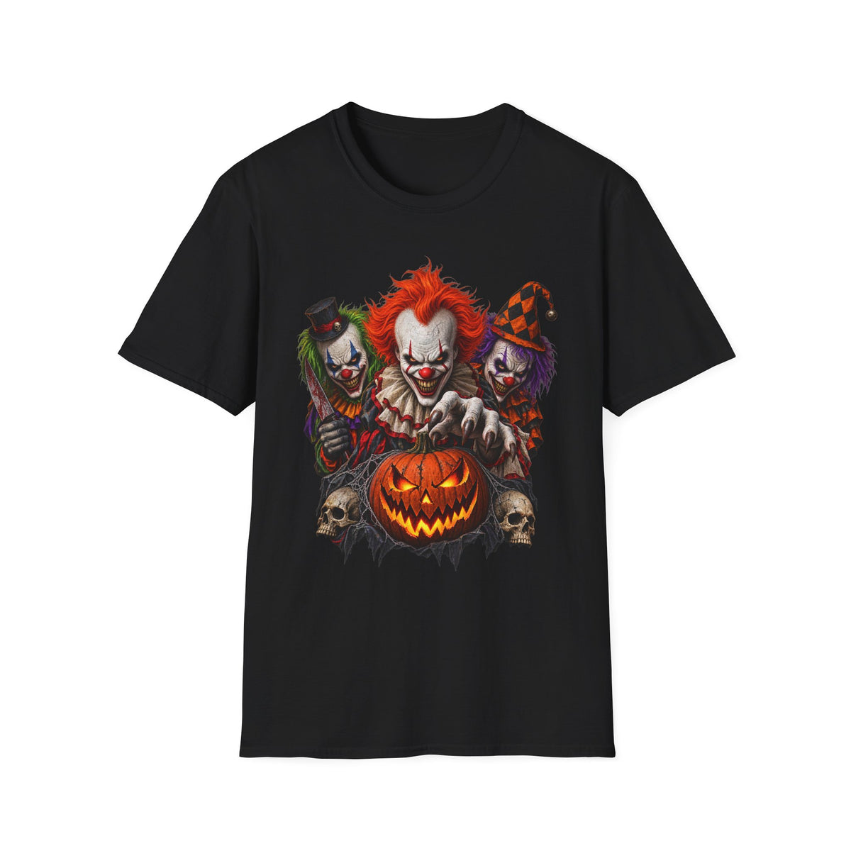 Creepy Clown Trio Halloween T-Shirt — Scary Clown Pumpkin Design