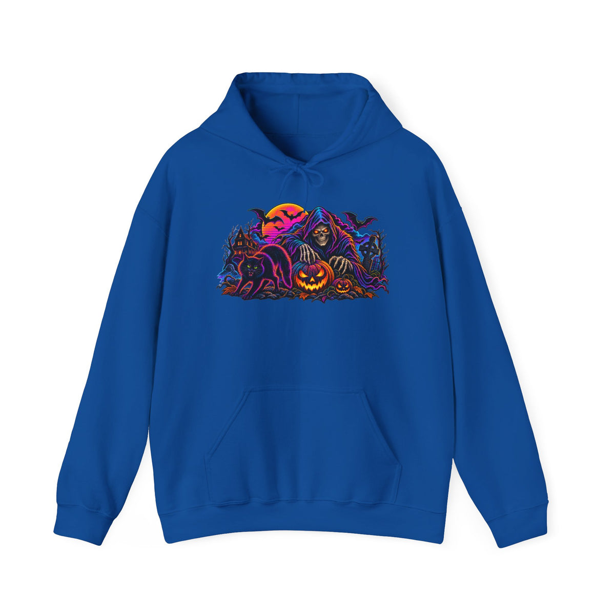 Halloween Horror Hoodie - Neon Jack-O'-Lantern & Ghosts Graphic Sweatshirt
