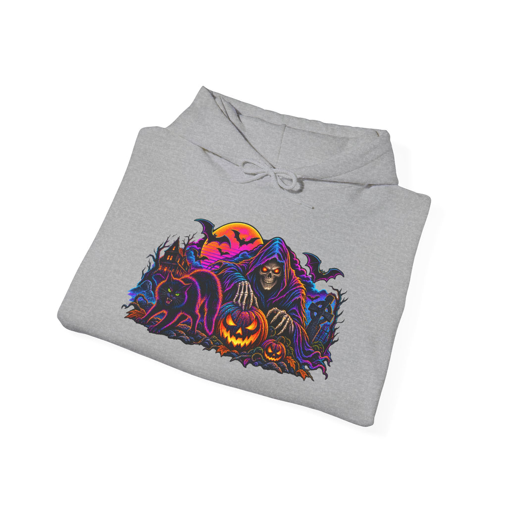 Halloween Horror Hoodie - Neon Jack-O'-Lantern & Ghosts Graphic Sweatshirt