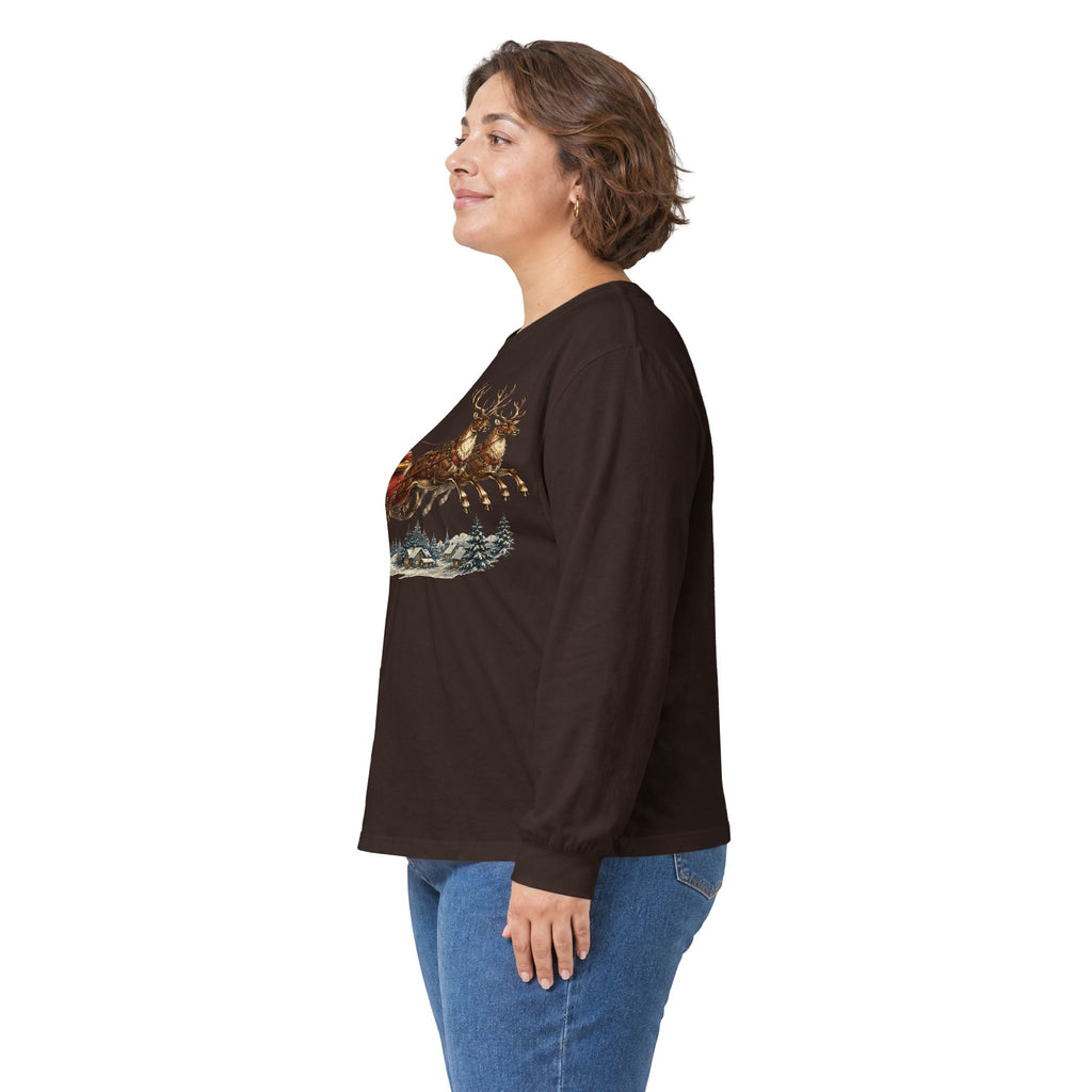 Santa Sleigh Long Sleeve Tee — Vintage Christmas Reindeer Shirt