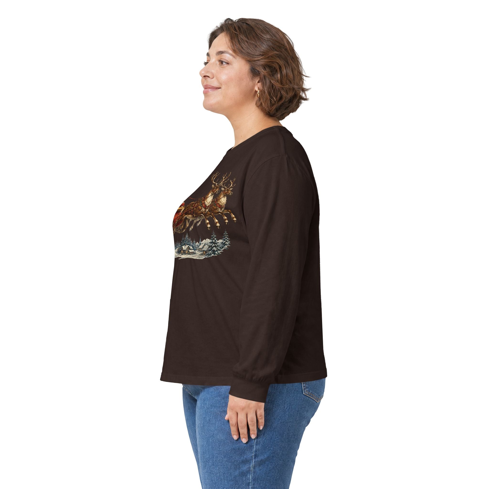 Santa Sleigh Long Sleeve Tee — Vintage Christmas Reindeer Shirt