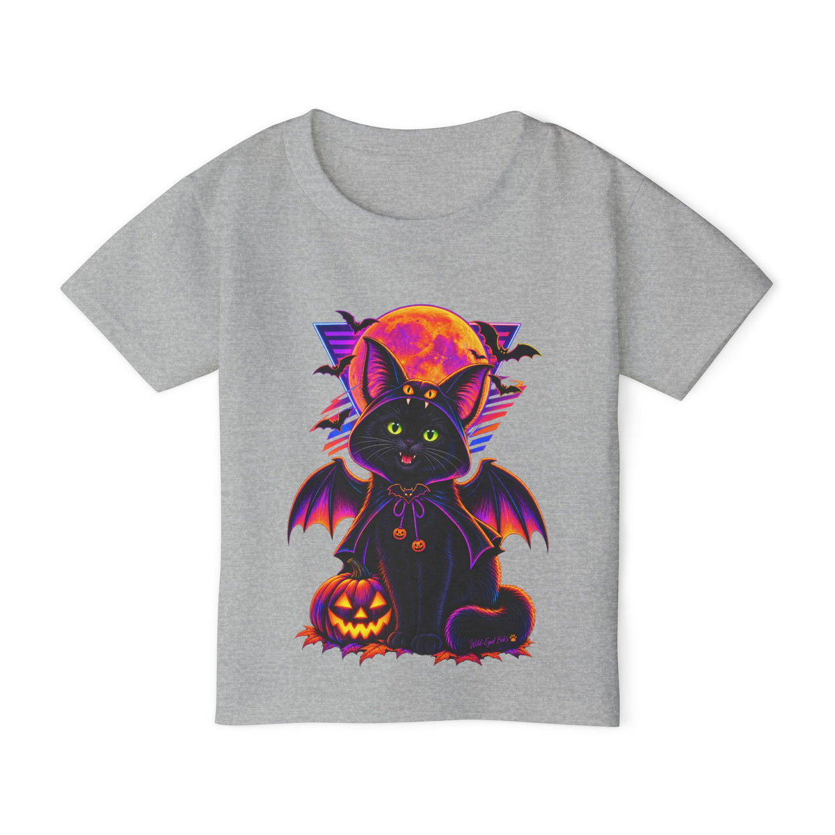Toddler Halloween Bat Cat T-Shirt — Cute Black Cat with Pumpkin & Full Moon