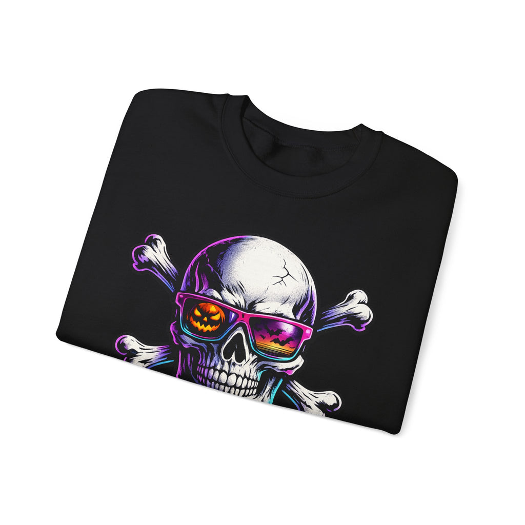 Skull & Crossbones Crewneck Sweatshirt — Neon Sunglasses Halloween Skull Graphic