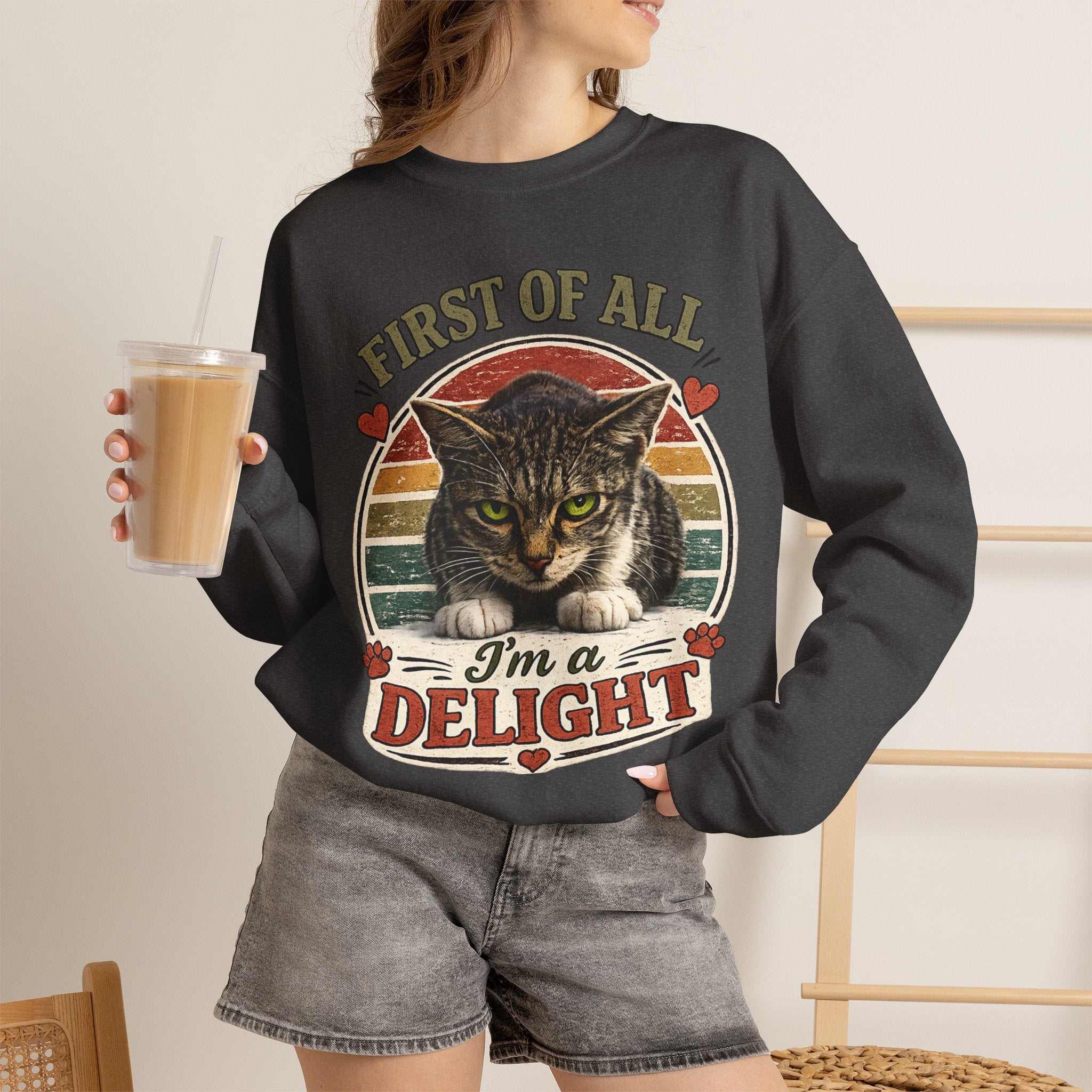 Cat Crewneck Sweatshirt — "First of All I'm a Delight" Retro Cat Pullover
