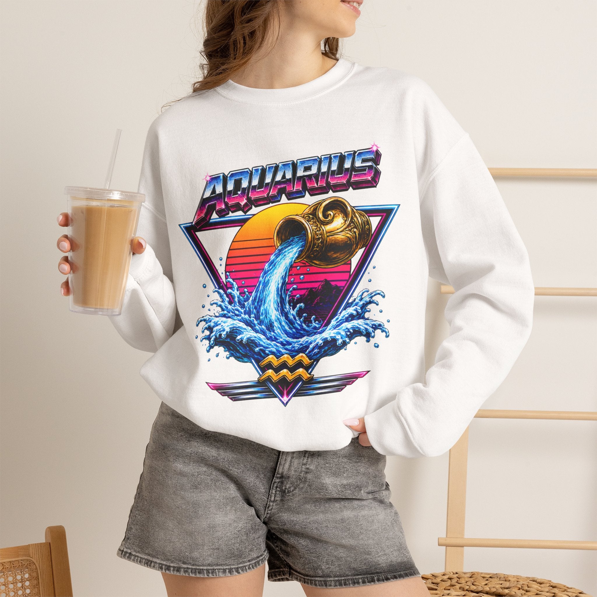 Aquarius Zodiac Crewneck Sweatshirt — Retro Neon Water-Bearer Design