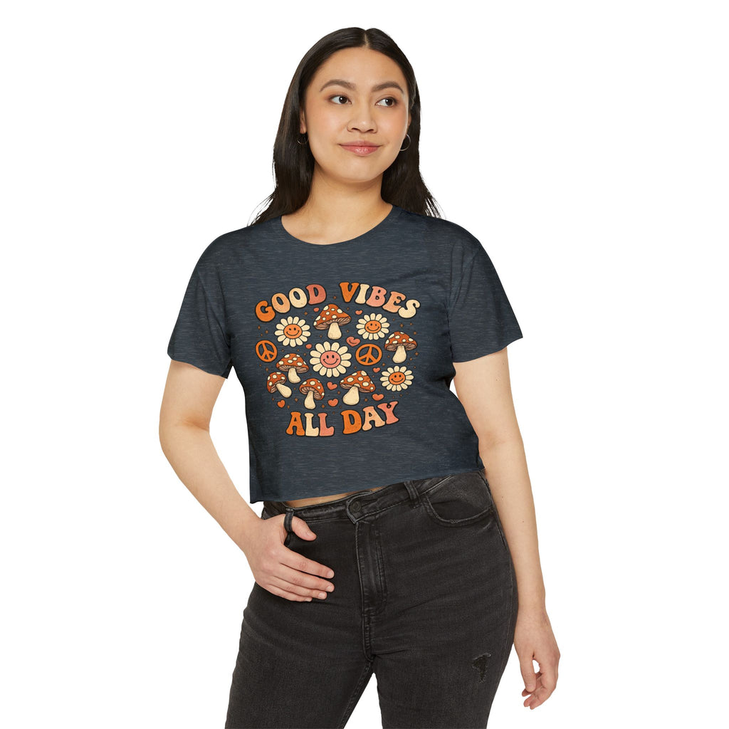 Good Vibes All Day Crop Top — Retro Mushroom & Sun Festival Tee
