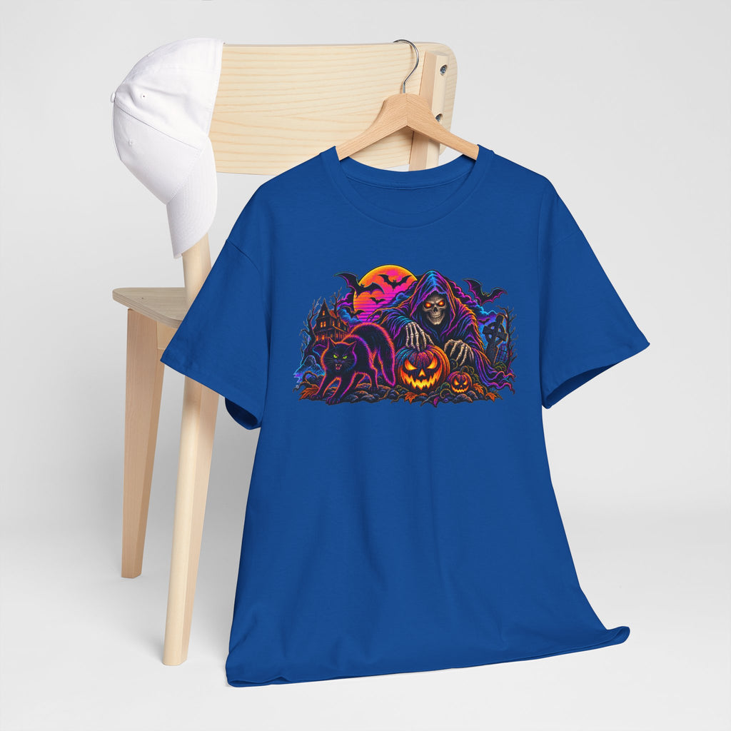 Halloween Grim Reaper Jack-O'-Lantern Tee — Retro Neon Spooky Skull Shirt