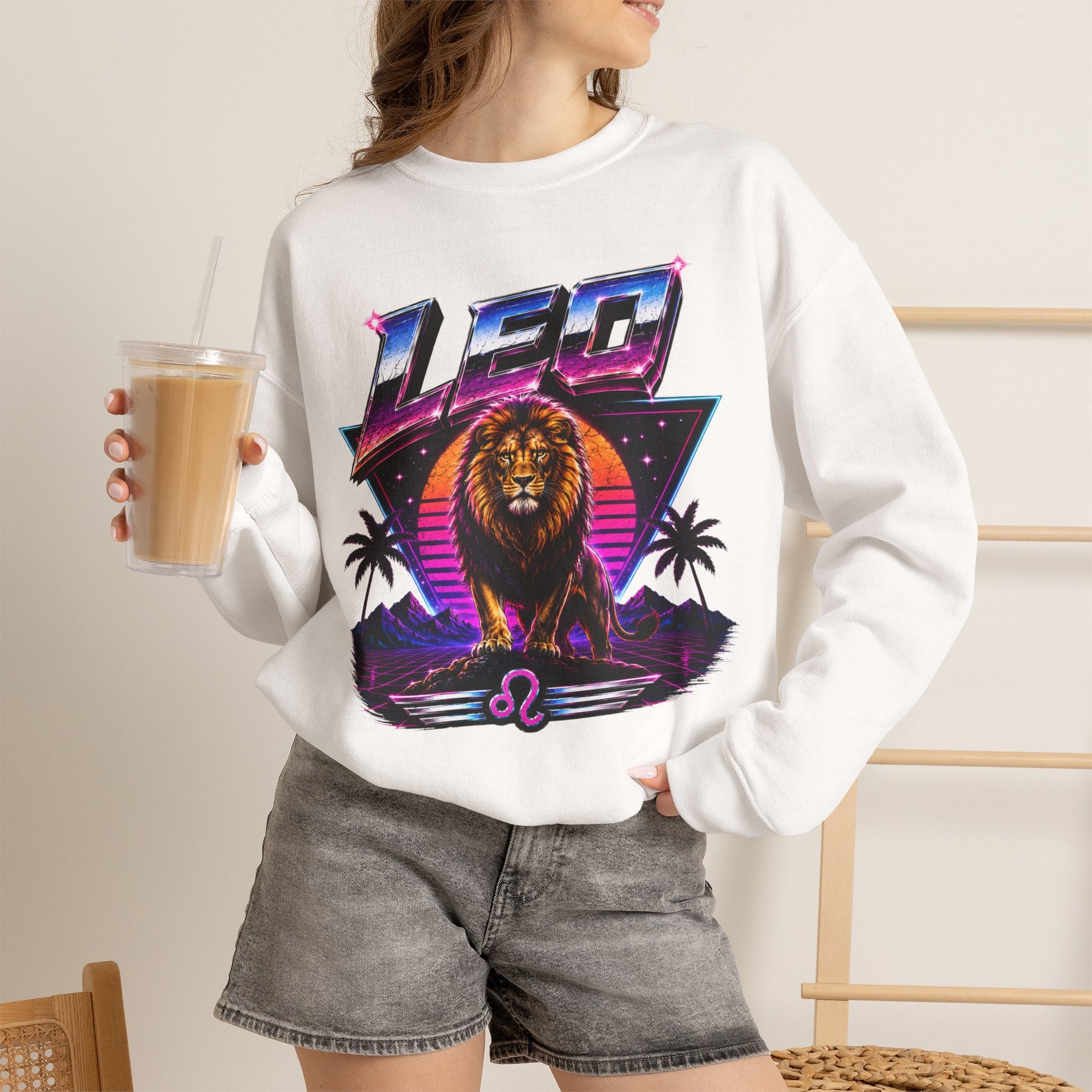 Leo Zodiac Crewneck Sweatshirt — Retro Neon Lion Astrology Design