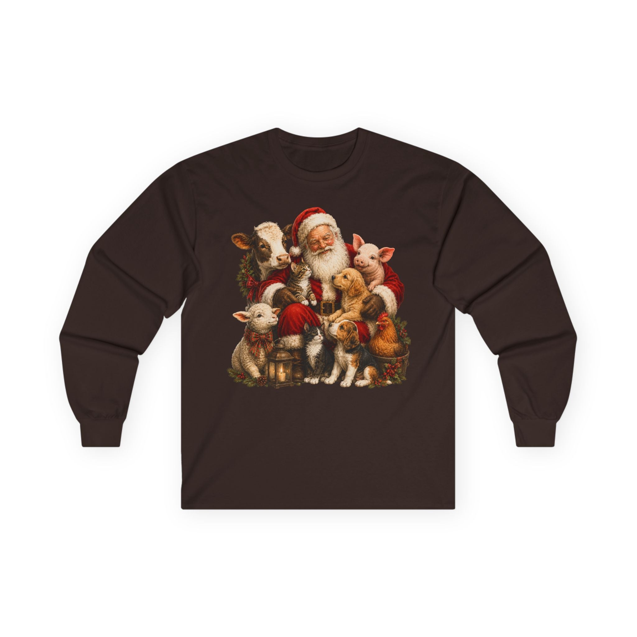 Christmas Santa with farm animals Long Sleeve Tee — Vintage Holiday Animal Shirt
