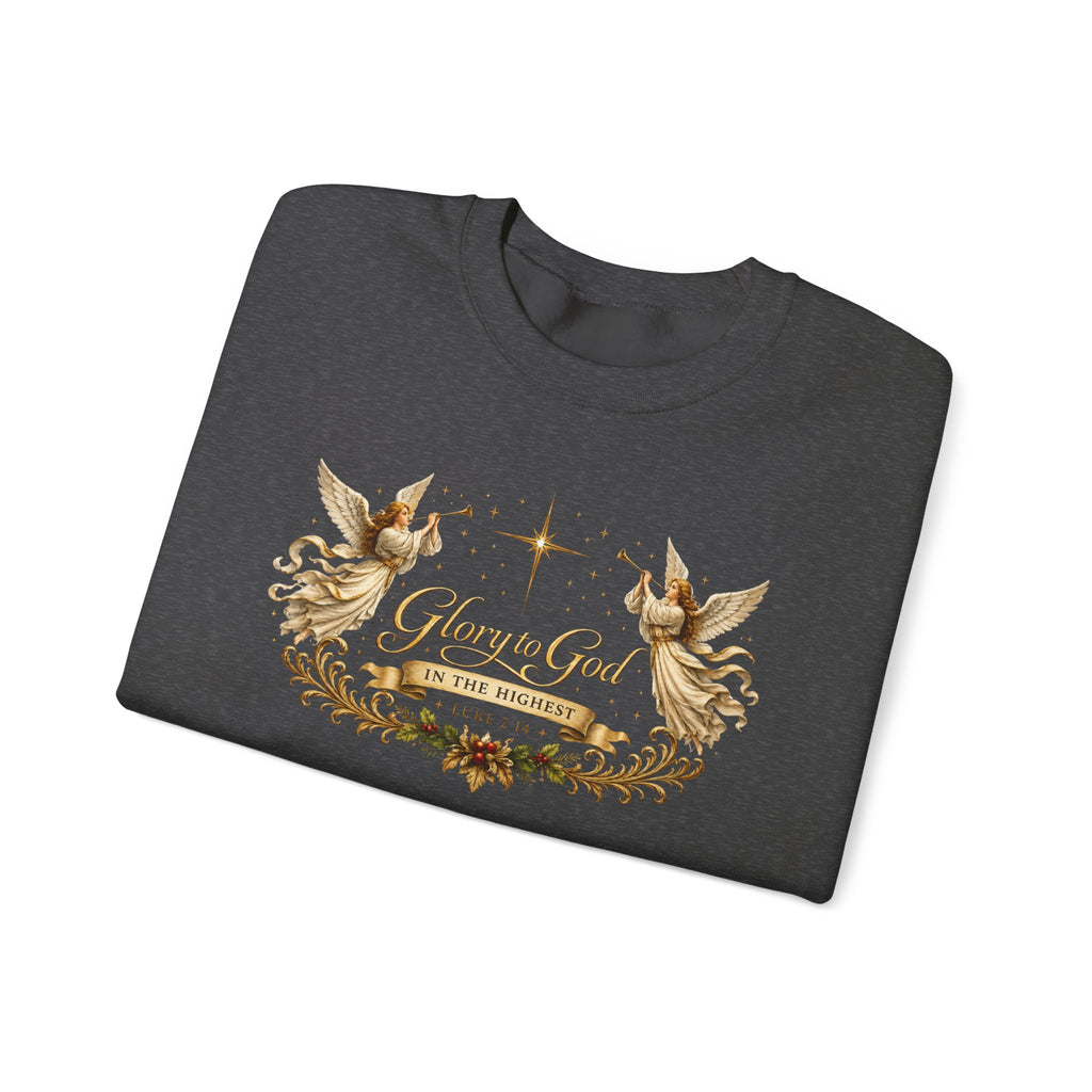 Glory to God Crewneck Sweatshirt — Angel Wings & Star Christian Holiday Pullover
