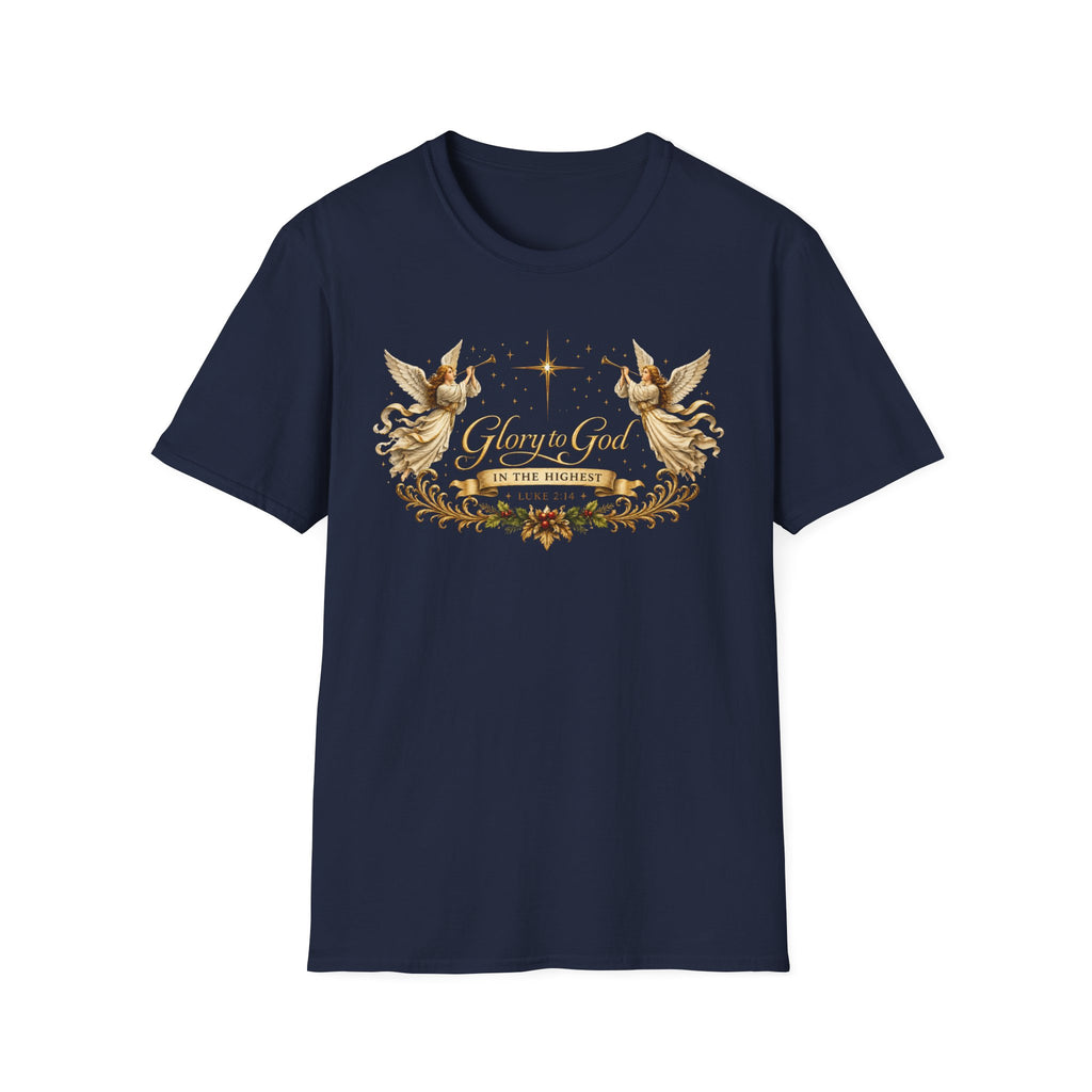 Glory to God Angel Christmas T-Shirt — "In the Highest" Nativity Holiday Tee