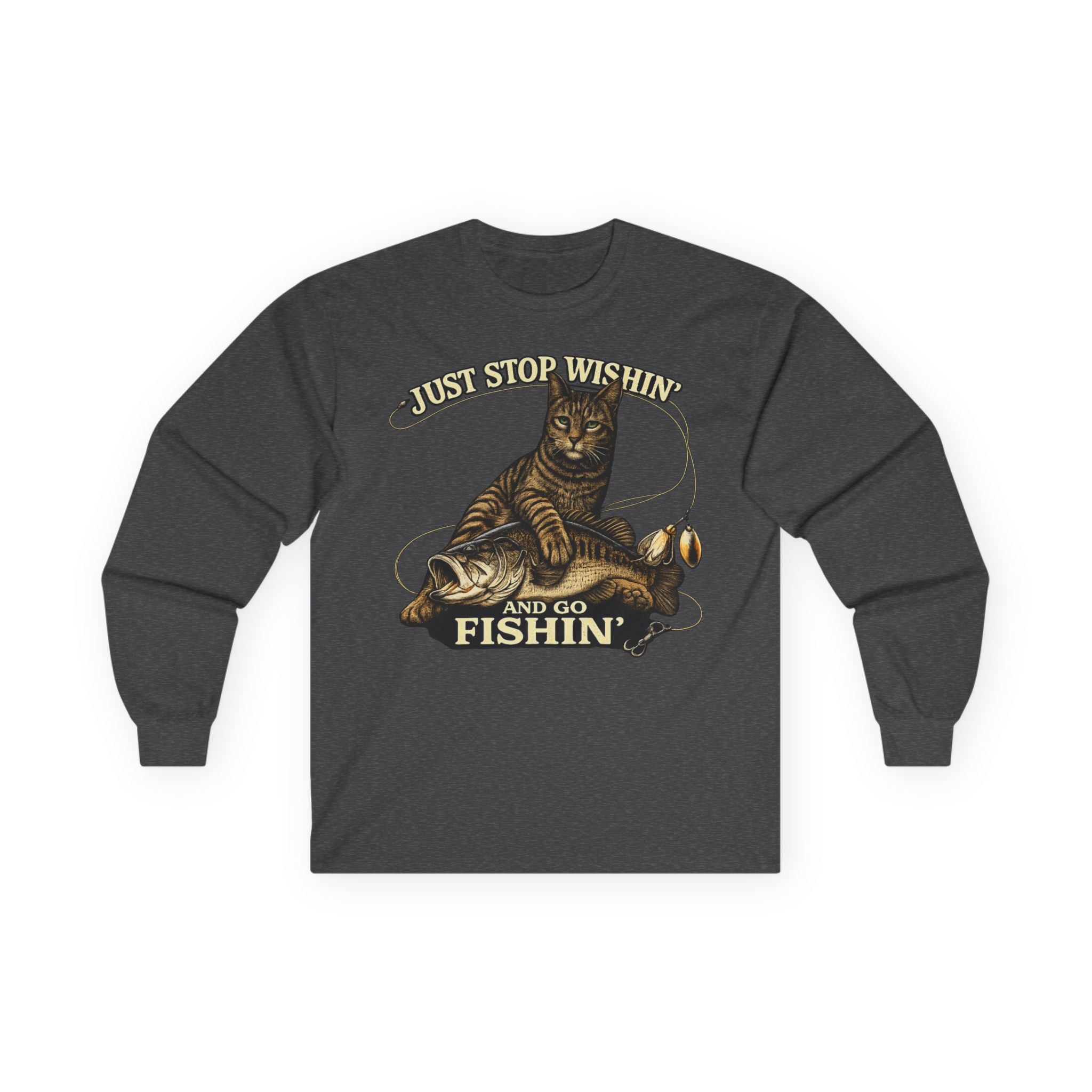 Just Stop Wishin' Fishin' Long Sleeve Tee — Vintage Cat Fishing Graphic