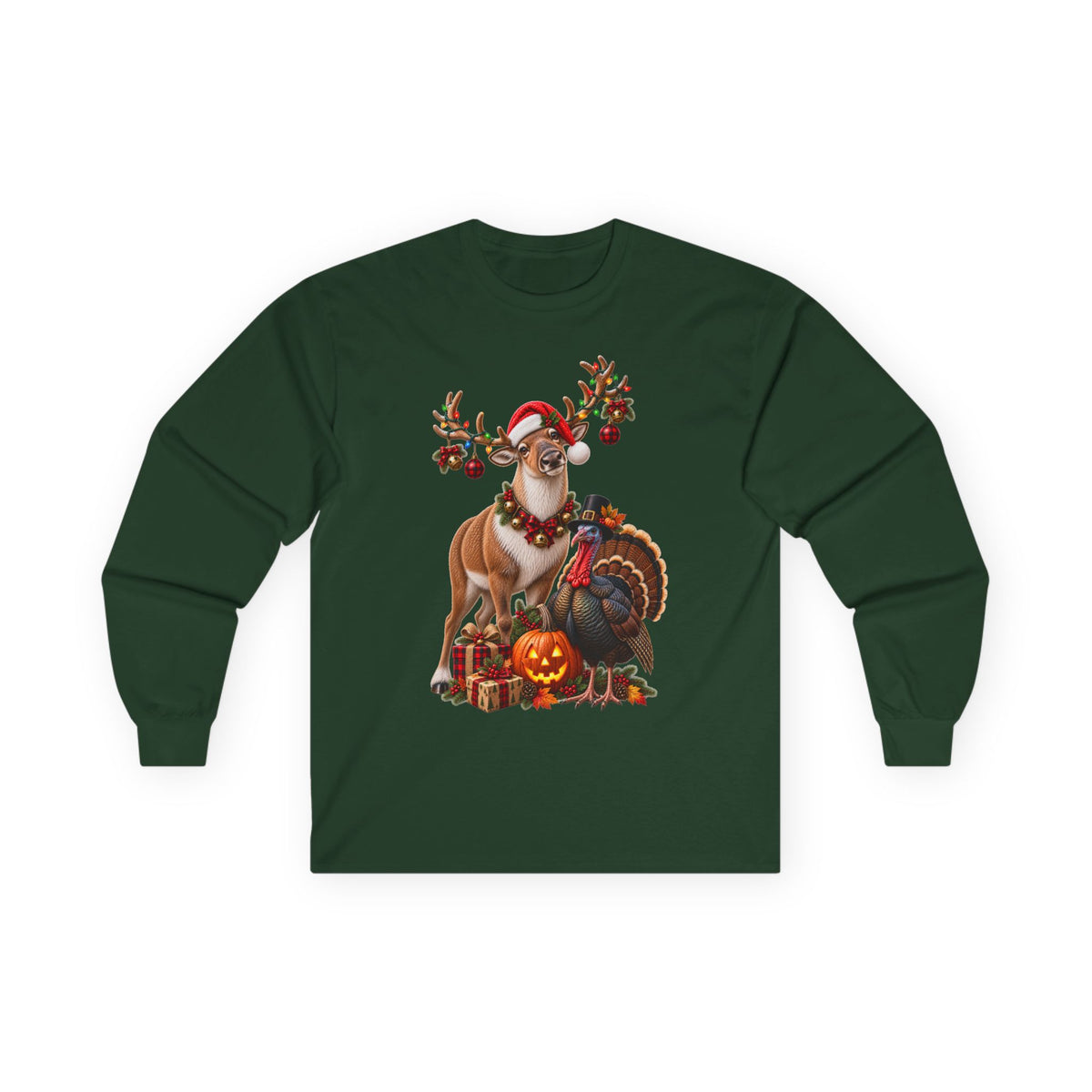 Holiday Reindeer & Turkey Long Sleeve Tee — Festive Halloween to Christmas Mashup