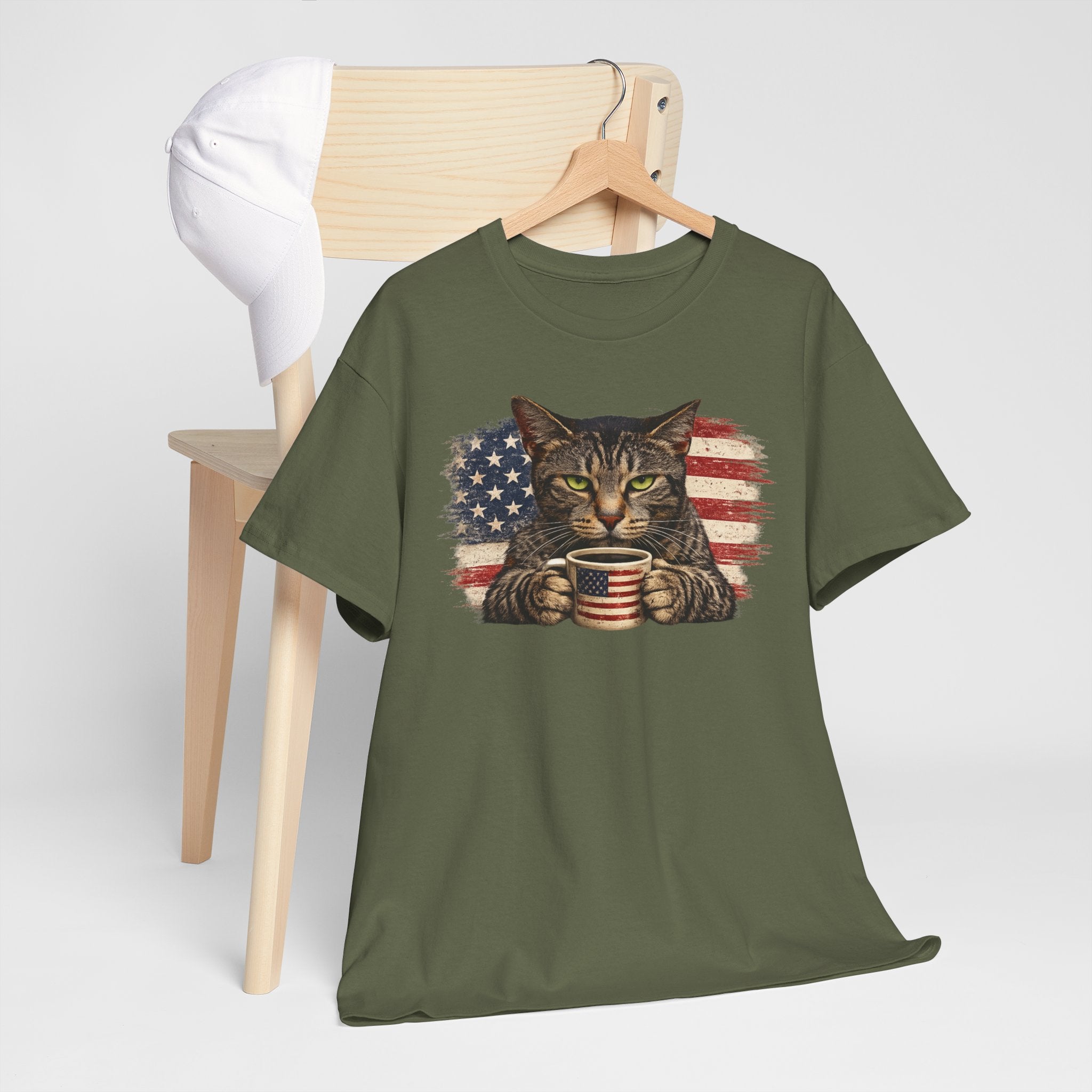 American Flag Cat T‑Shirt — Patriotic Kitten with Coffee Cup