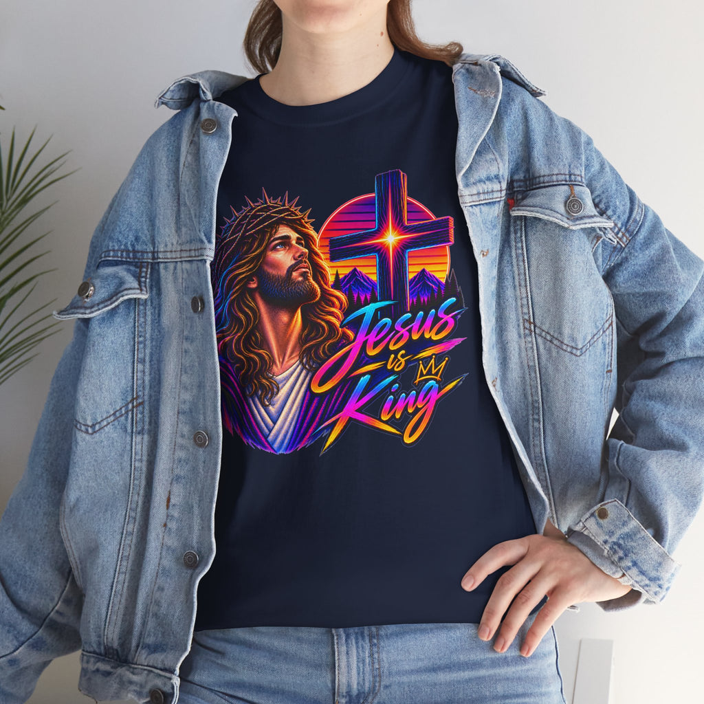 Jesus Is King T-Shirt — Neon Portrait Cross Christian Tee