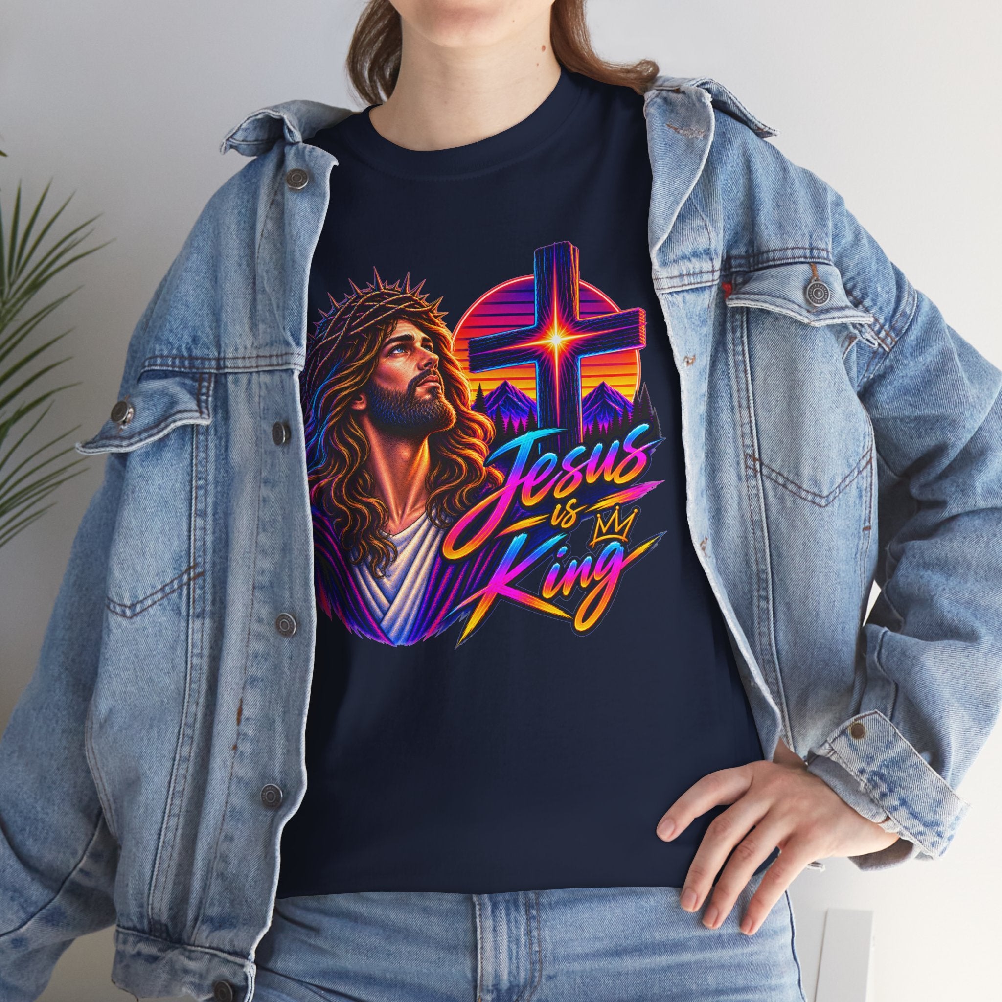 Jesus Is King T-Shirt — Neon Portrait Cross Christian Tee