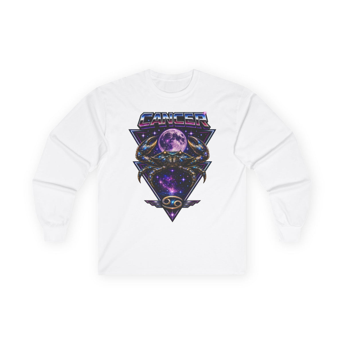 Cosmic Cancer Zodiac Crab Long Sleeve Tee — Retro Space Graphic "Cancer" Zodiac Shirt