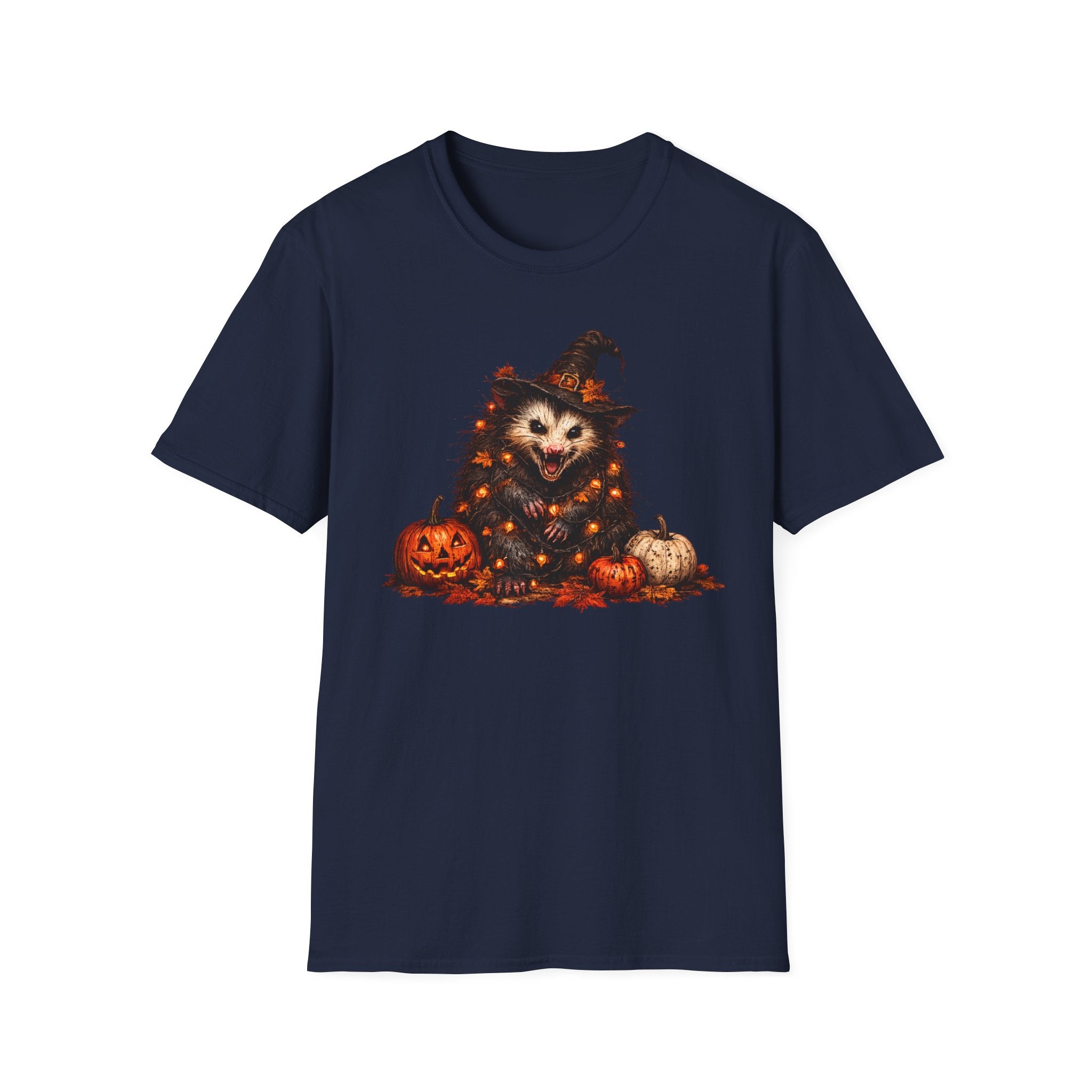 Halloween Possum T‑Shirt — Cute Spooky Opossum in Witch Hat with Fairy lights and Pumpkins