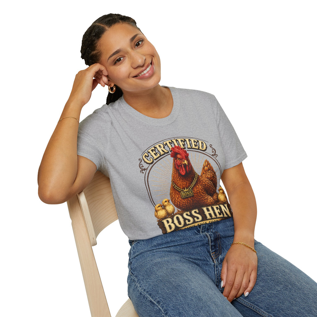 Boss Hen T-Shirt — "Certified Boss Hen Runs This Coop" Chicken Farm Tee