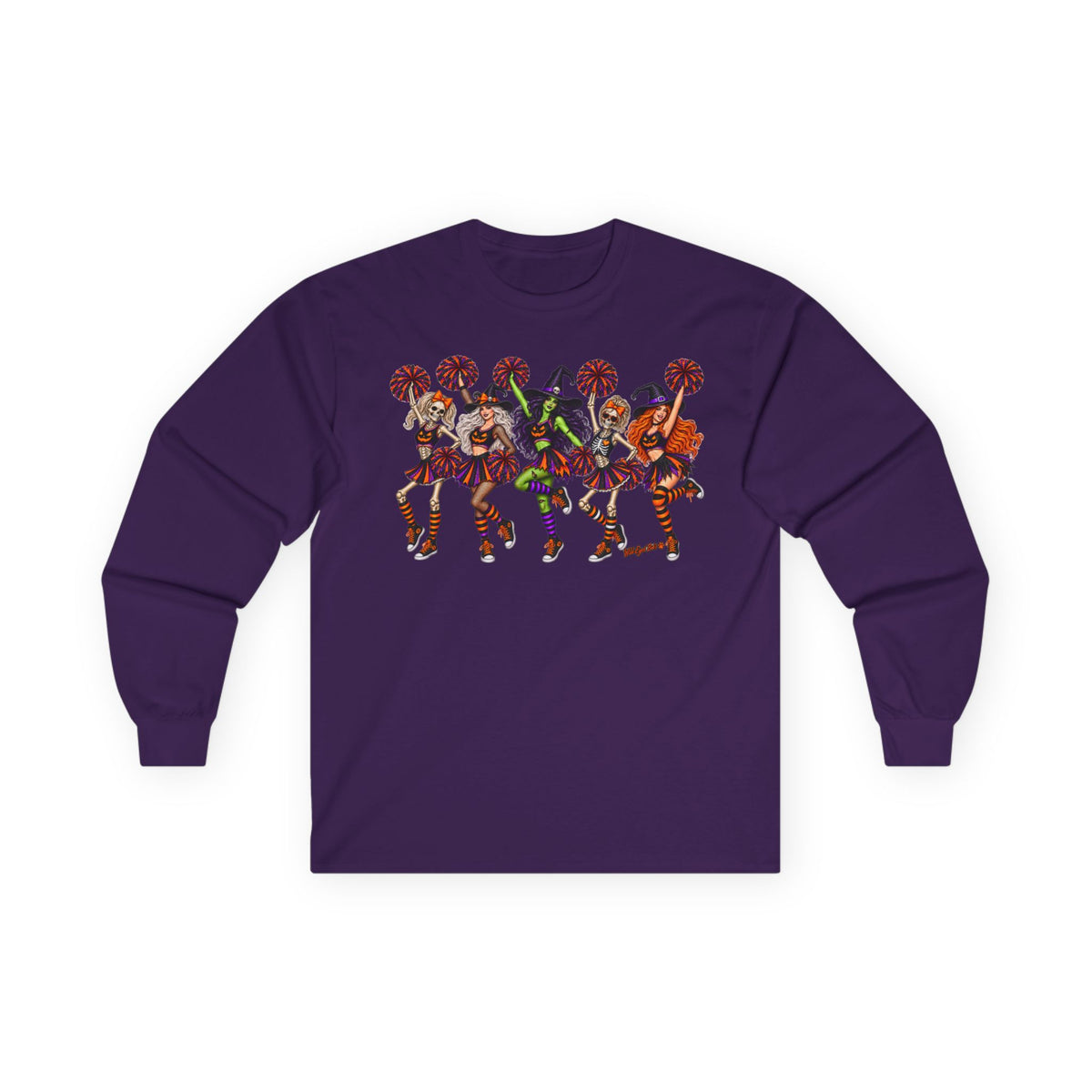 Cheerleader Skeletons and Witches Halloween Long Sleeve Tee