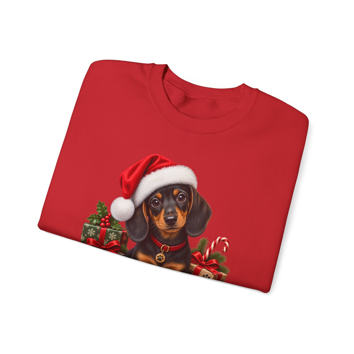 Christmas Dachshund Sweatshirt — Cute Puppy in Santa Hat Holiday Crewneck