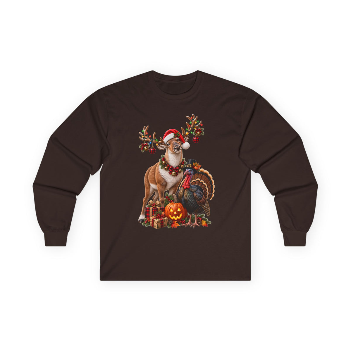 Holiday Reindeer & Turkey Long Sleeve Tee — Festive Halloween to Christmas Mashup