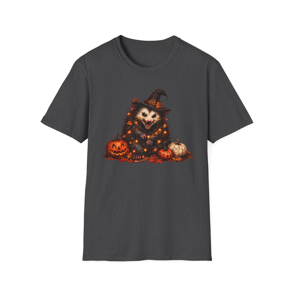 Halloween Possum T‑Shirt — Cute Spooky Opossum in Witch Hat with Fairy lights and Pumpkins
