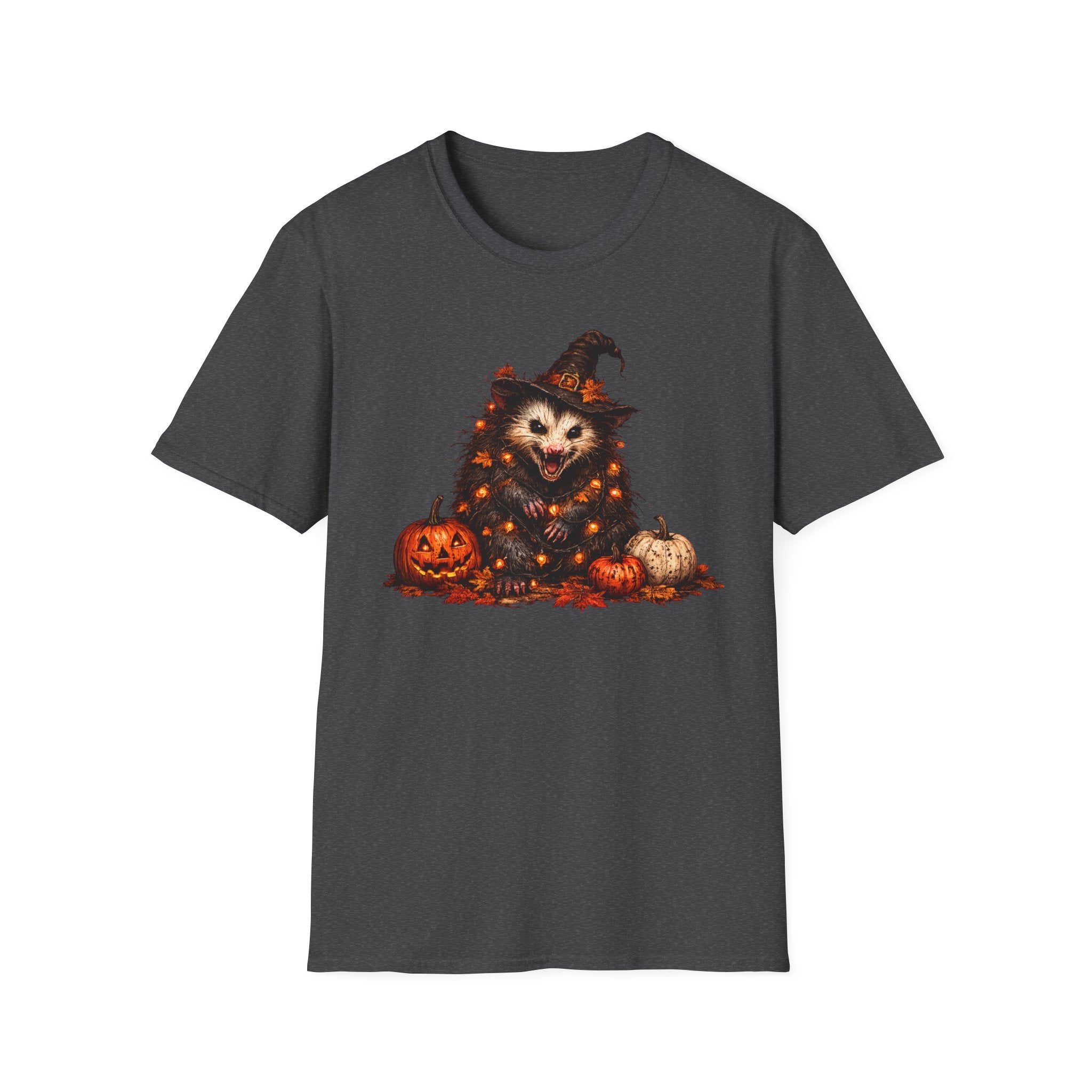 Halloween Possum T‑Shirt — Cute Spooky Opossum in Witch Hat with Fairy lights and Pumpkins