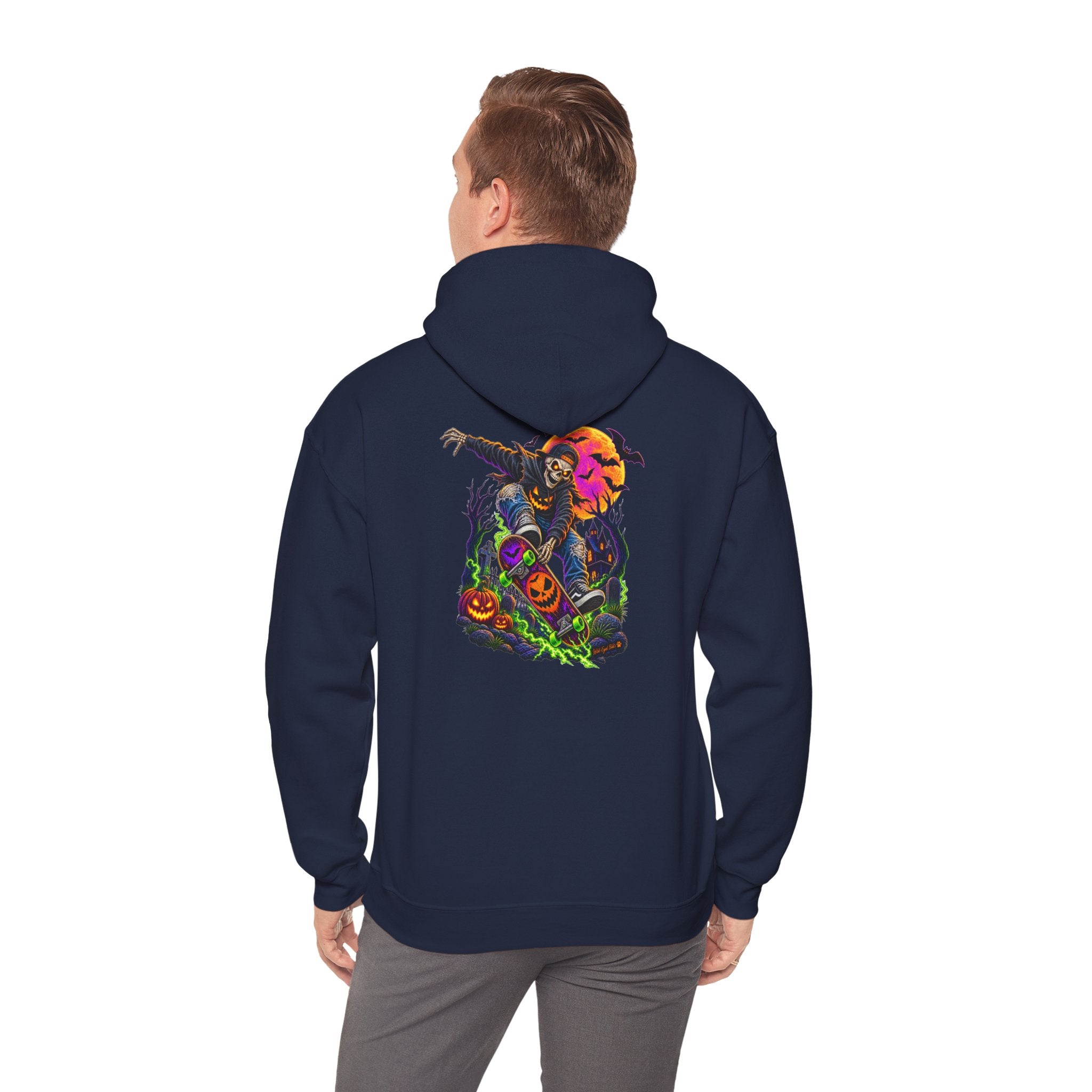 Halloween Skeleton skateboarder Hoodie — Pumpkin Patch Horror Graphic Sweatshirt