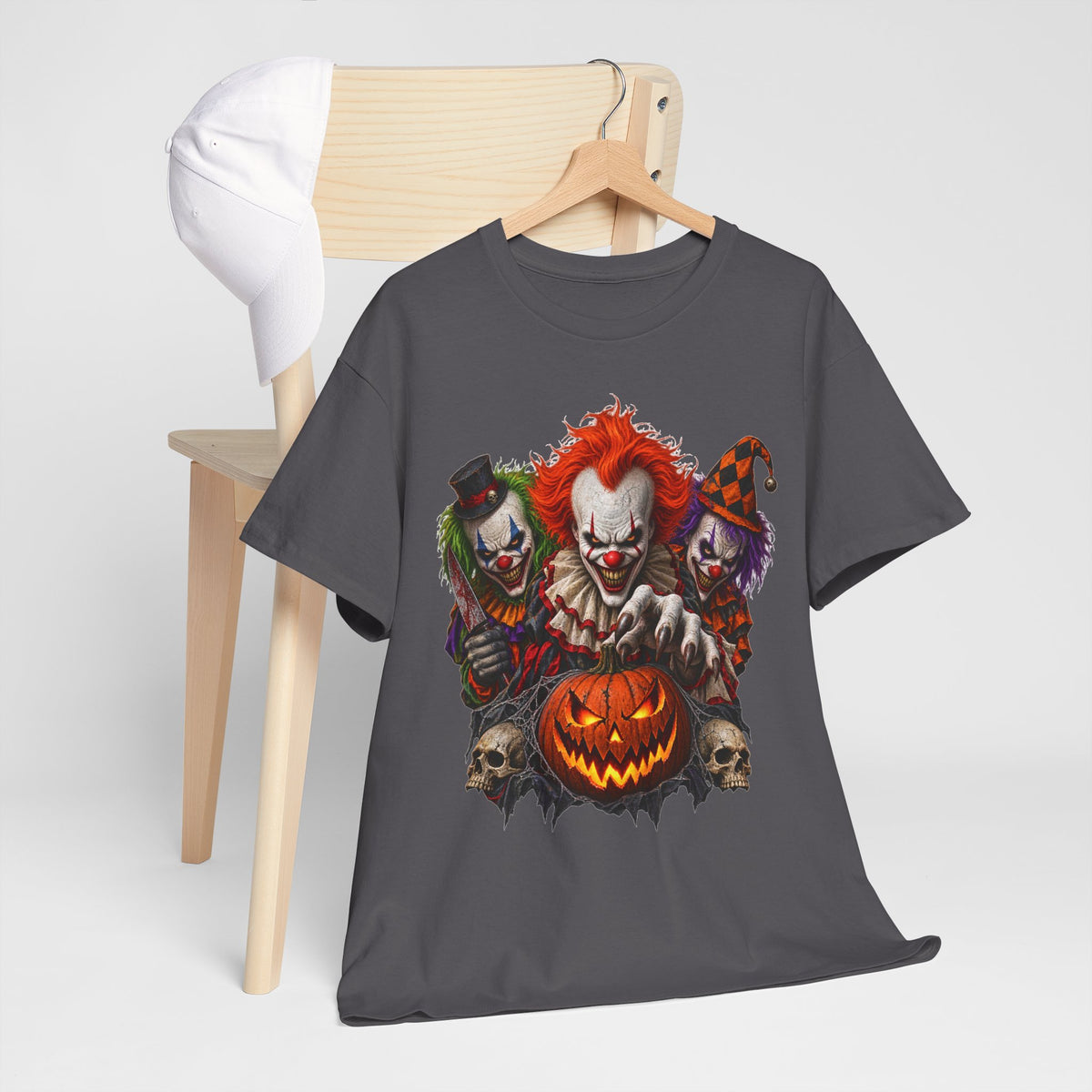 Horror Clown Trio Halloween T-Shirt — Scary Clown Pumpkin Design