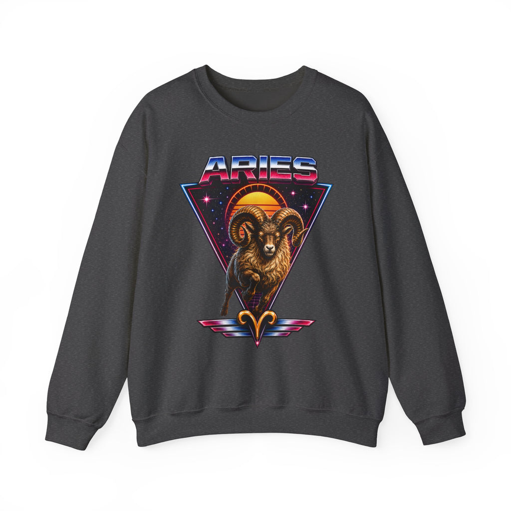 Aries Zodiac Crewneck Sweatshirt — 80s Retro Ram Astrology Graphic