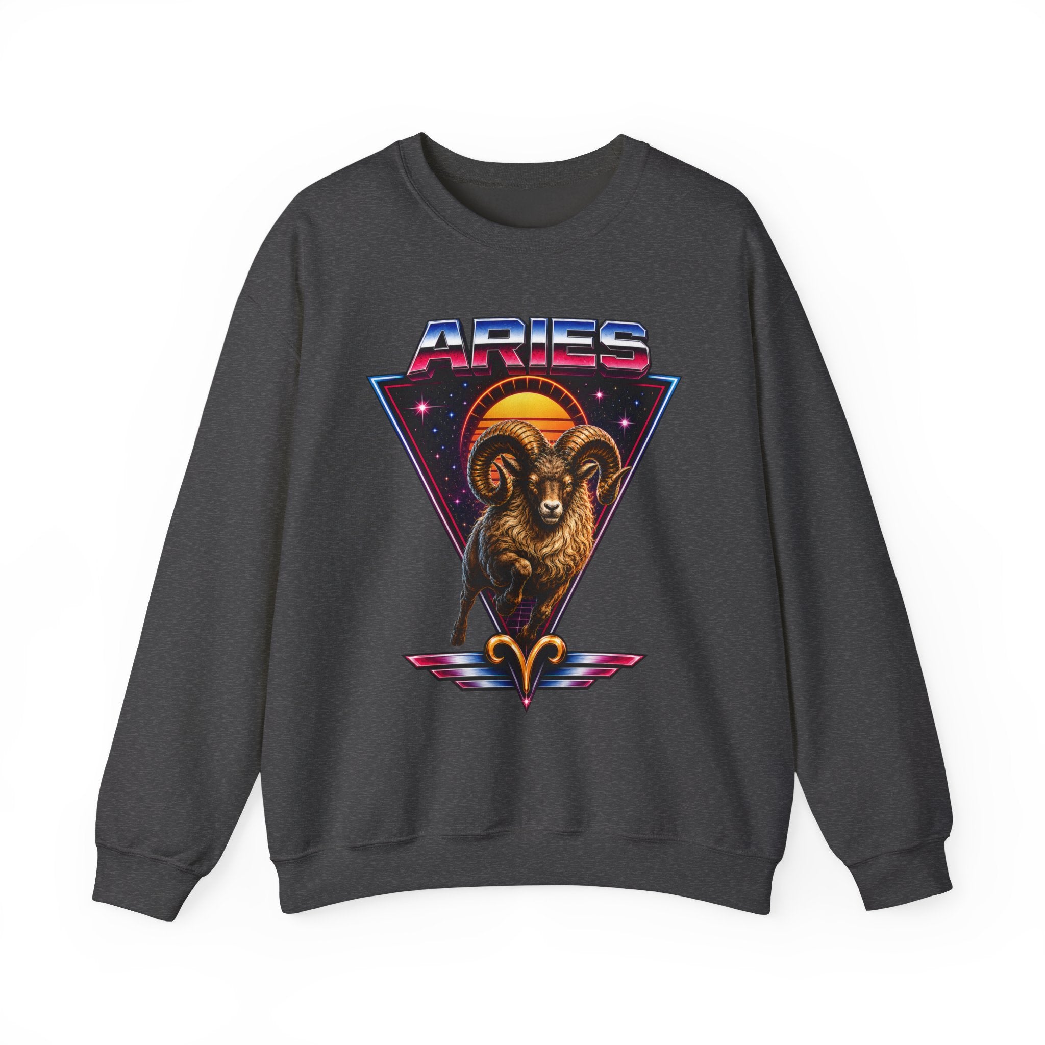 Aries Zodiac Crewneck Sweatshirt — 80s Retro Ram Astrology Graphic