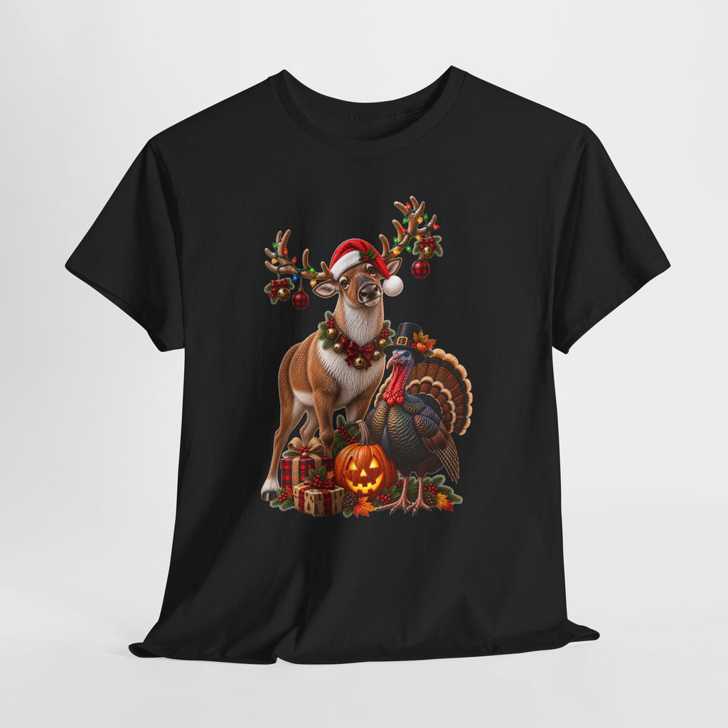 Holiday Mashup Tee — Reindeer with Turkey, Santa Hat & Jack-O’-Lantern