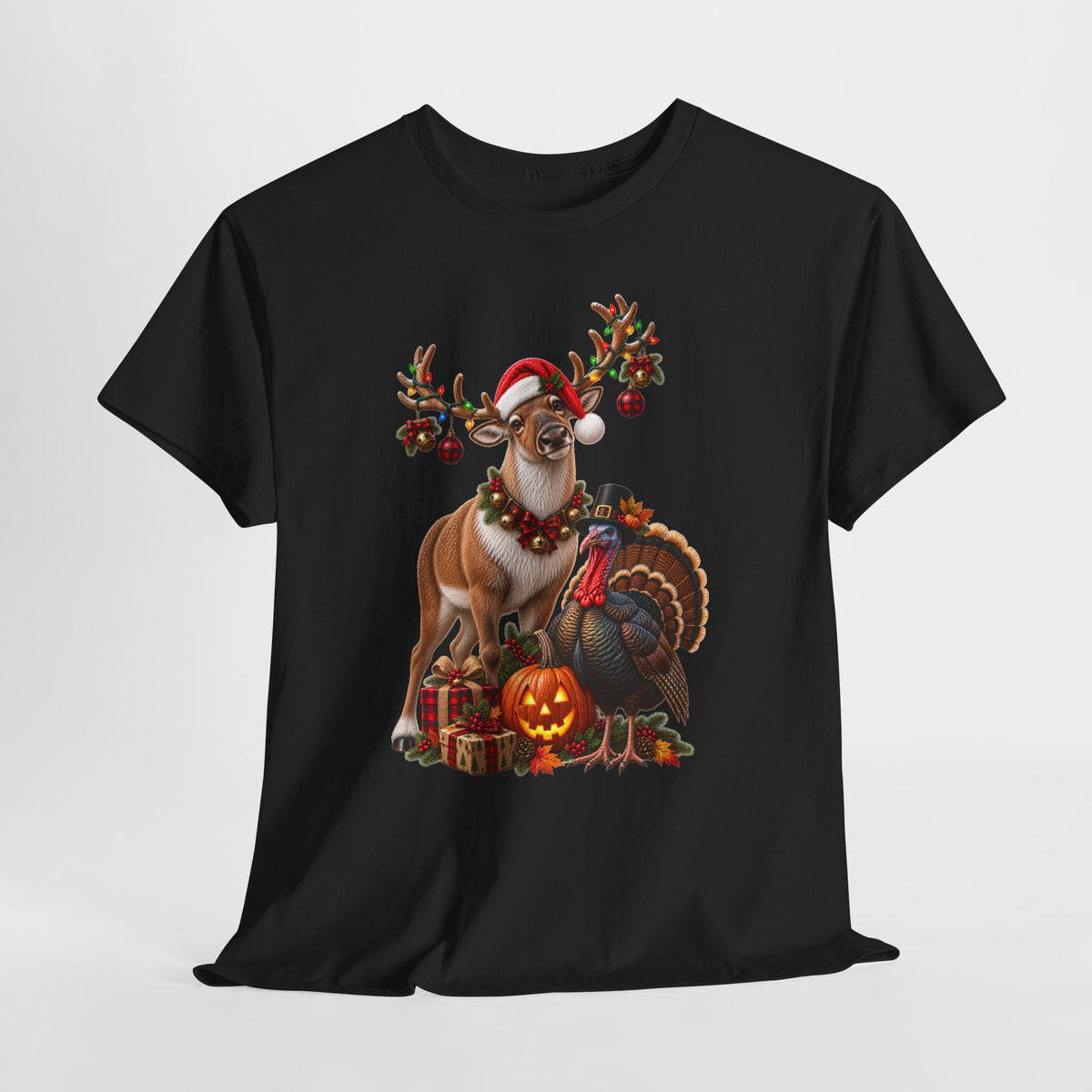 Holiday Mashup Tee — Reindeer with Turkey, Santa Hat & Jack-O’-Lantern