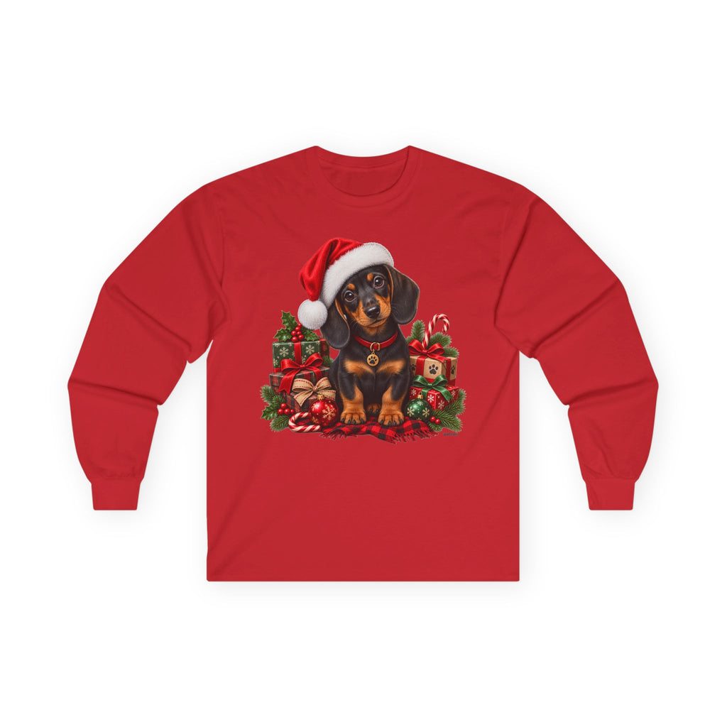 Dachshund Christmas Long Sleeve Tee - Santa Hat Puppy Holiday Shirt